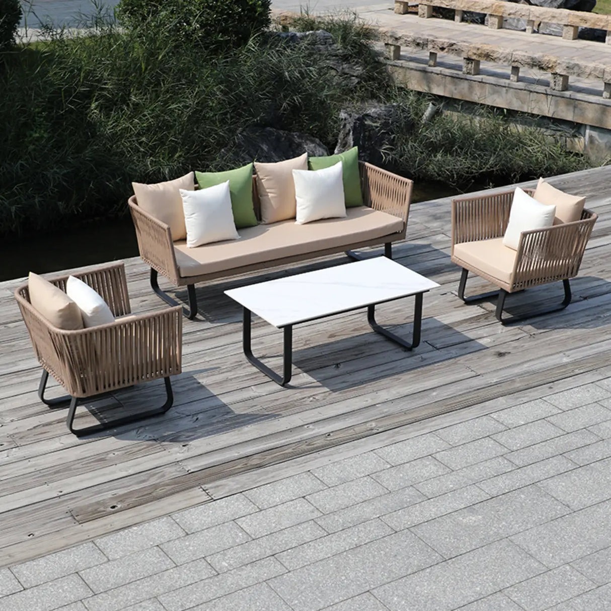 Outdoor Beige Wicker Upholstered Sofa Set with Cushions Image - 14