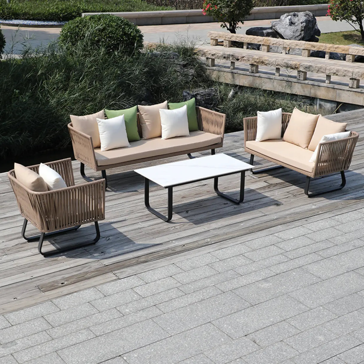 Outdoor Beige Wicker Upholstered Sofa Set with Cushions Image - 15