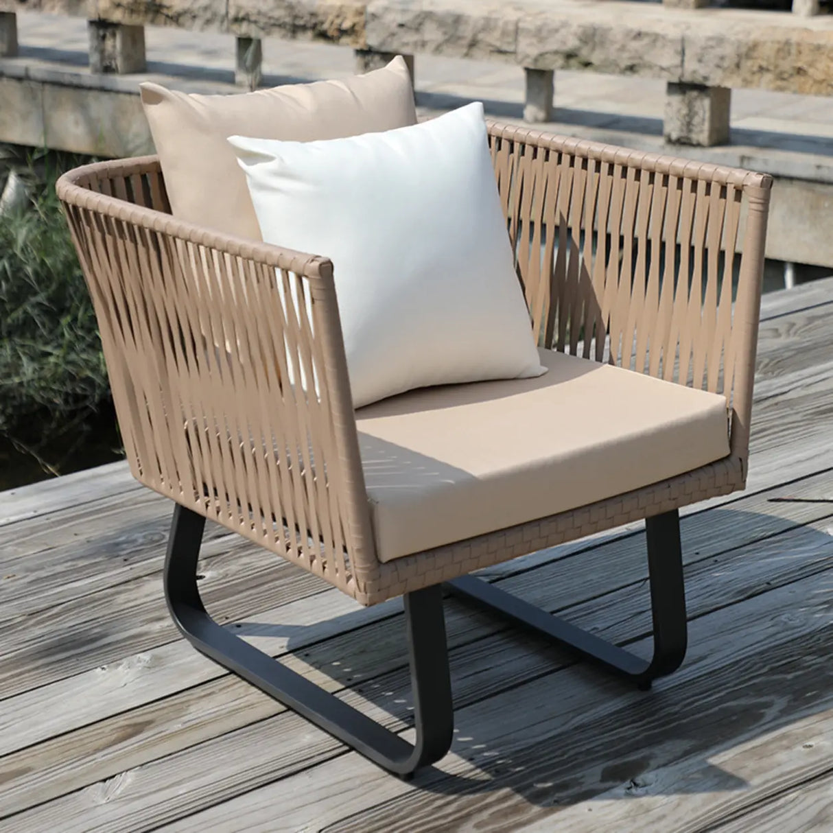 Outdoor Beige Wicker Upholstered Sofa Set with Cushions Image - 2