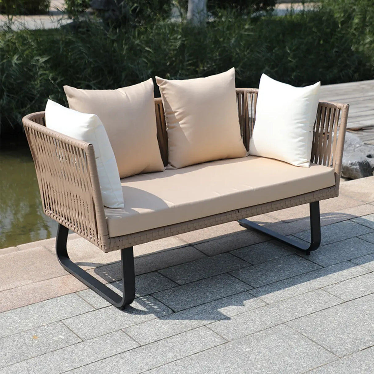 Outdoor Beige Wicker Upholstered Sofa Set with Cushions Image - 3