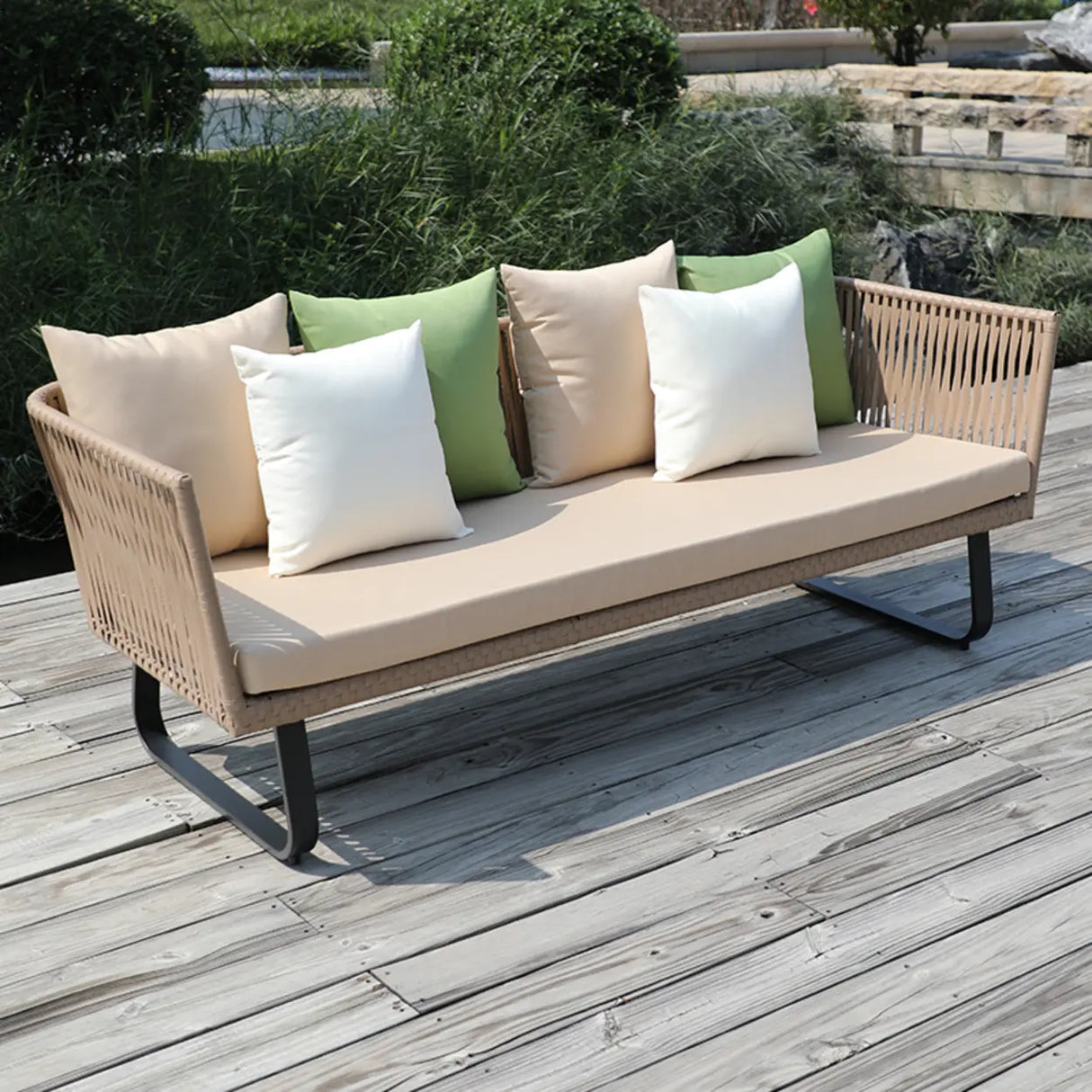 Outdoor Beige Wicker Upholstered Sofa Set with Cushions Image - 5