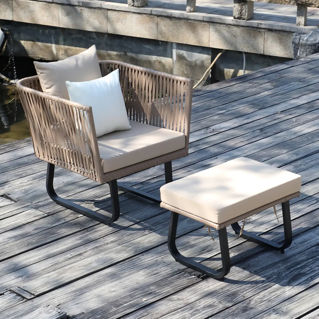 Outdoor Beige Wicker Upholstered Sofa Set with Cushions Image - 7