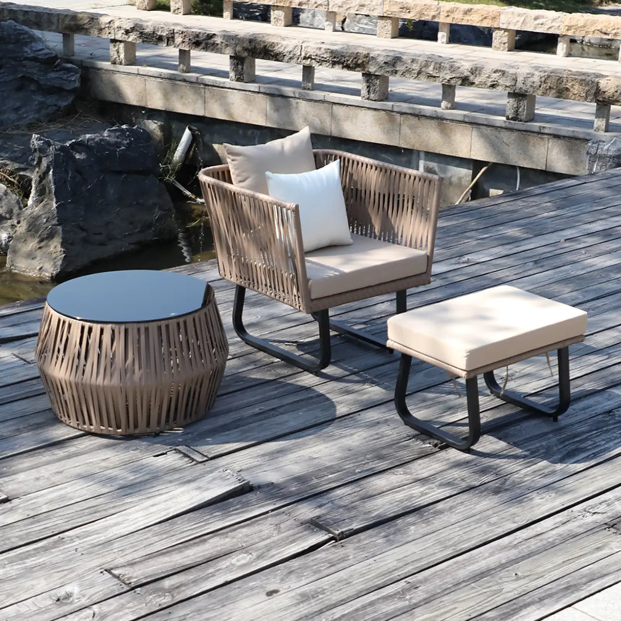 Outdoor Beige Wicker Upholstered Sofa Set with Cushions Image - 8