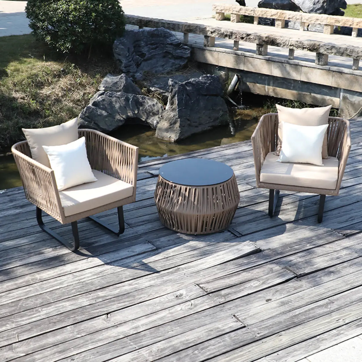 Outdoor Beige Wicker Upholstered Sofa Set with Cushions Image - 9