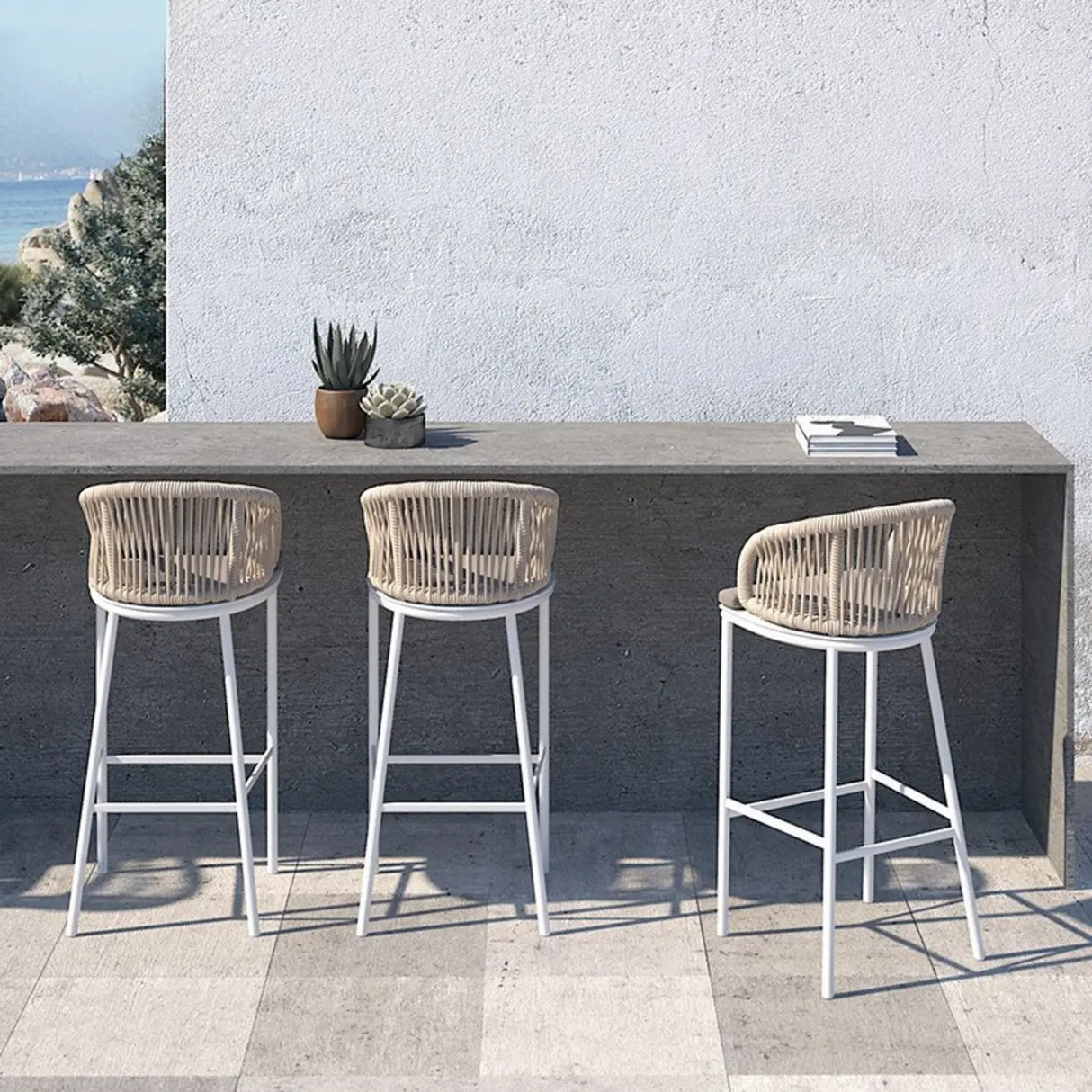 Outdoor Rattan Faux Leather Bucket Bar Stool with Arms Image - 1