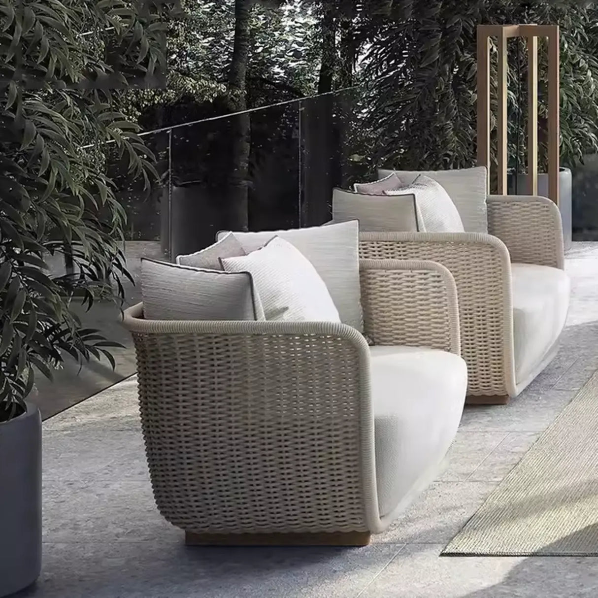 Outdoor Wicker Curved Beige Upholstered Patio Sofa Set Image - 4