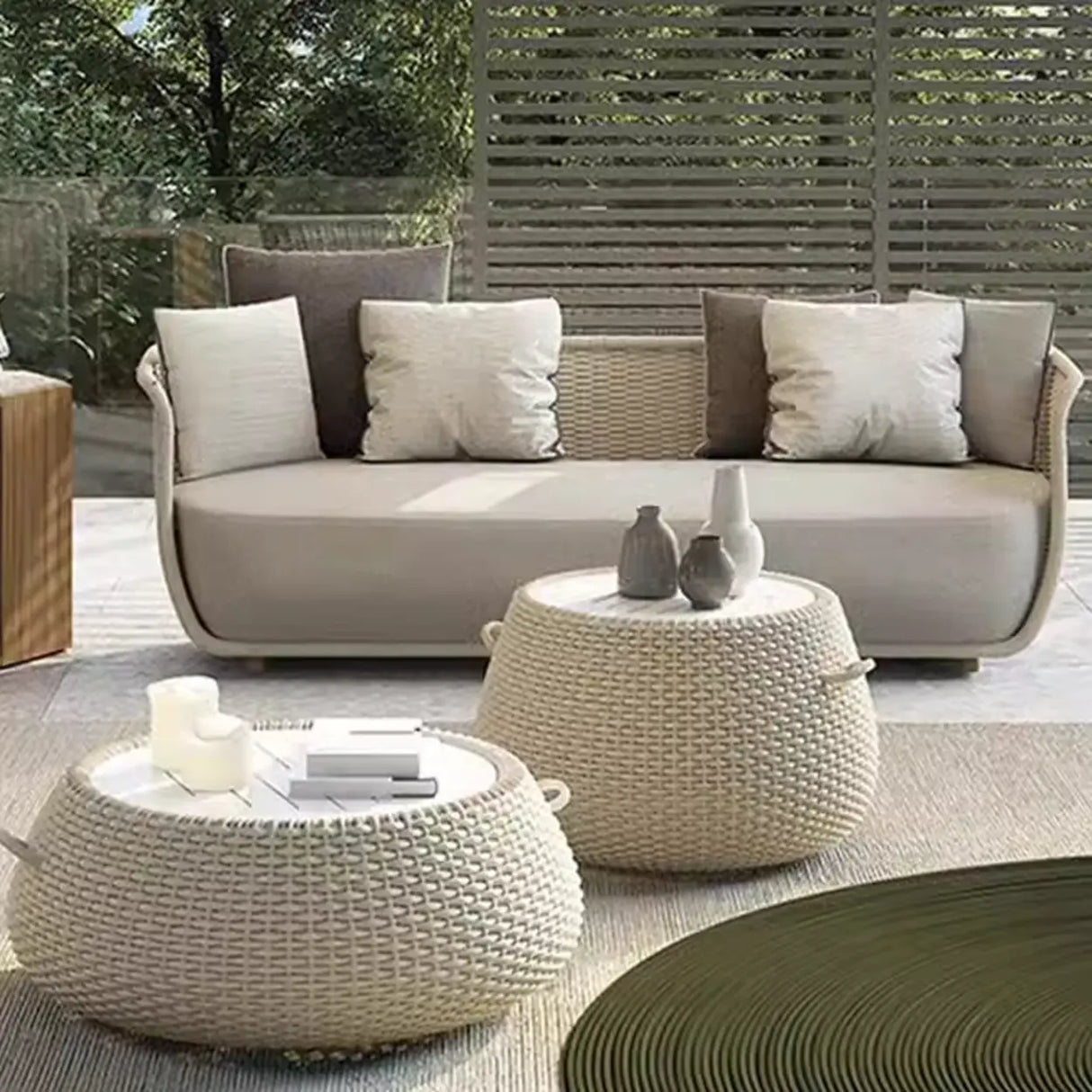 Outdoor Wicker Curved Beige Upholstered Patio Sofa Set Image - 6