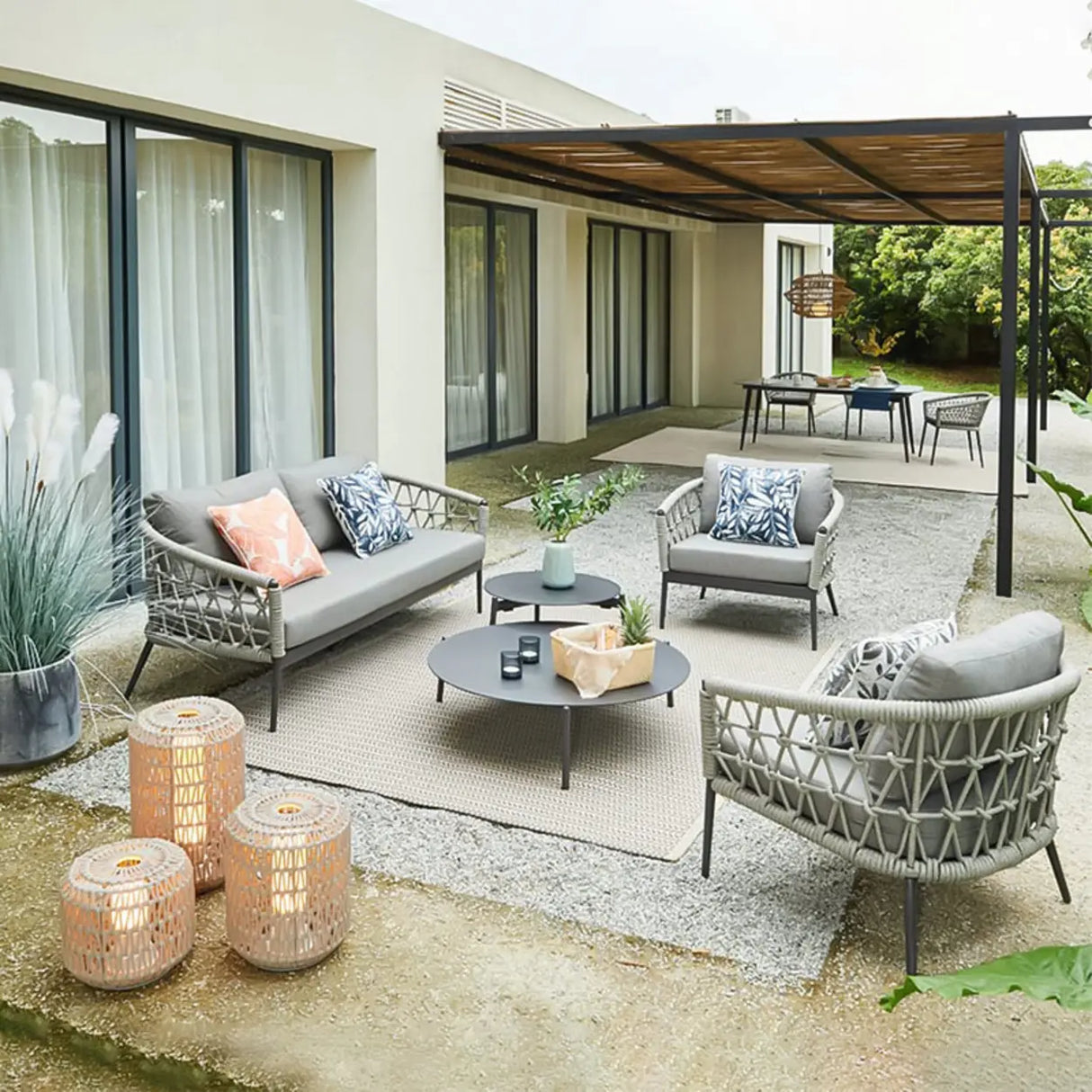 Outdoor Woven Gray Sofa Set with Cushions and Pillow Image - 1