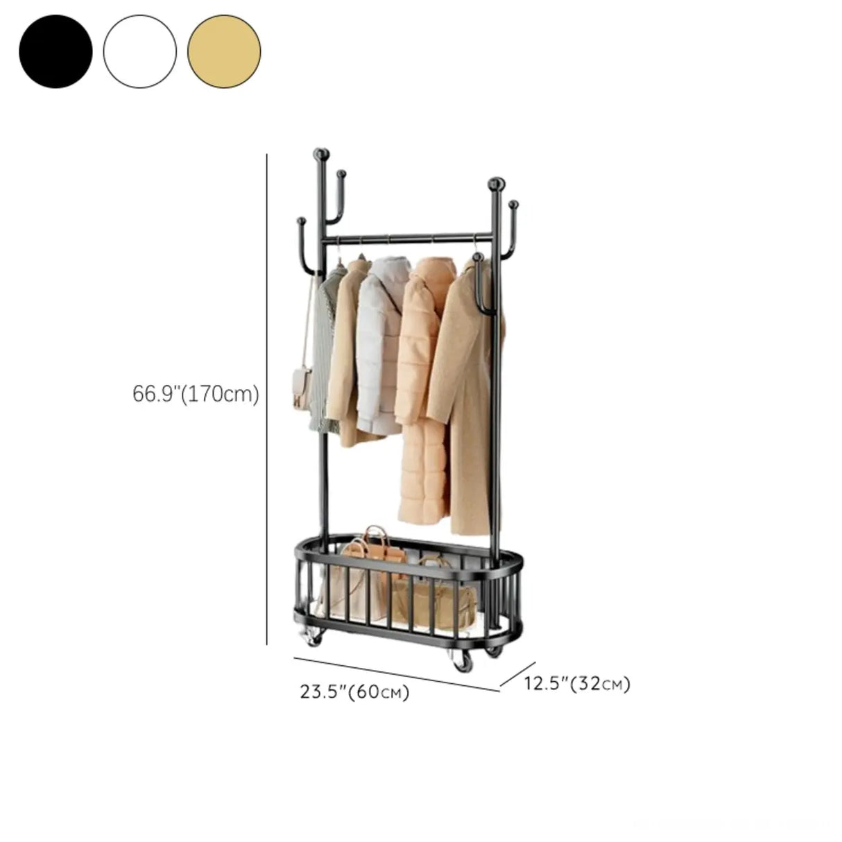 Oval Basket Metal Gold Hooks Storage Coat Rack Stand