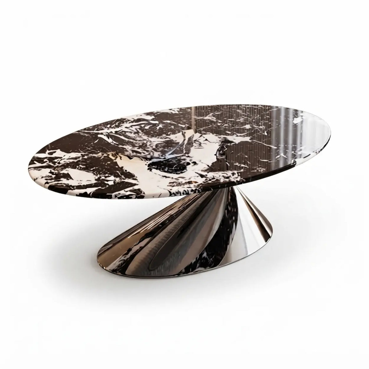 Oval Black Marble Coffee Table with Stainless Steel Base Image - 2