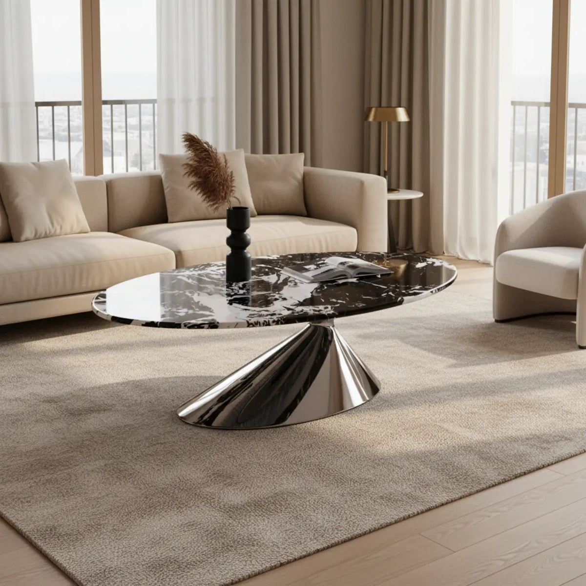Oval Black Marble Coffee Table with Stainless Steel Base Image - 3