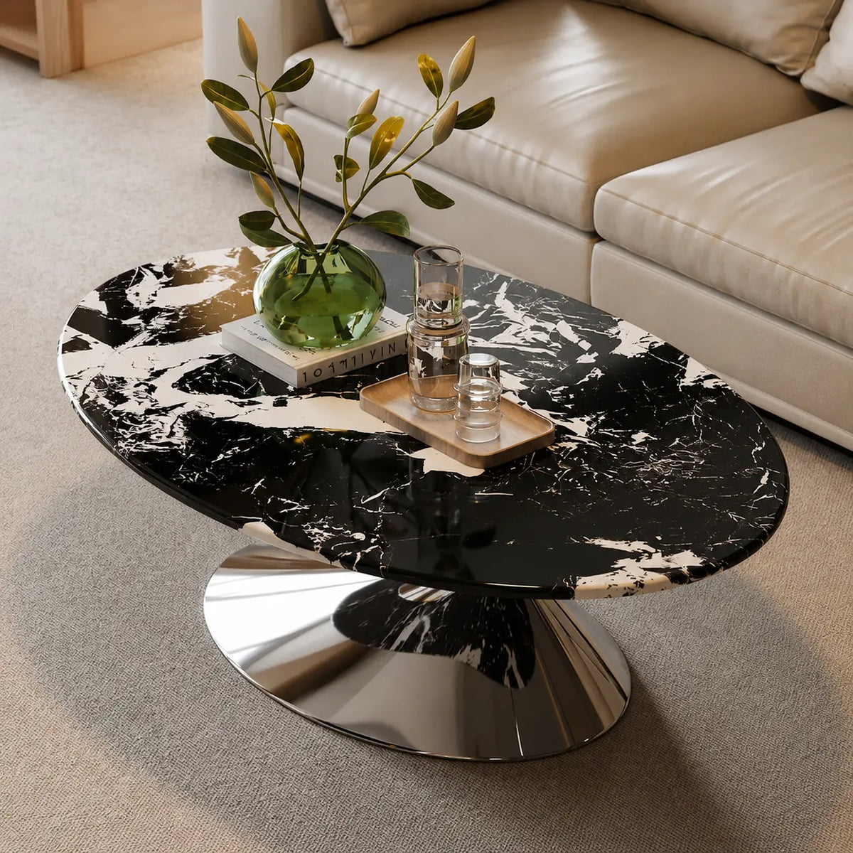 Oval Black Marble Coffee Table with Stainless Steel Base Image - 4