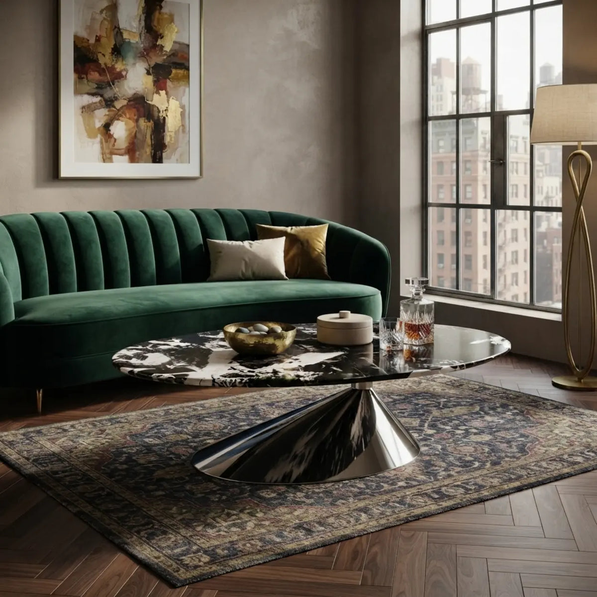 Oval Black Marble Coffee Table with Stainless Steel Base Image - 6