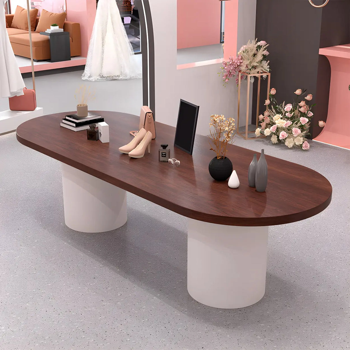 Oval Brown Wooden Top White Base Reception Desk Image - 1