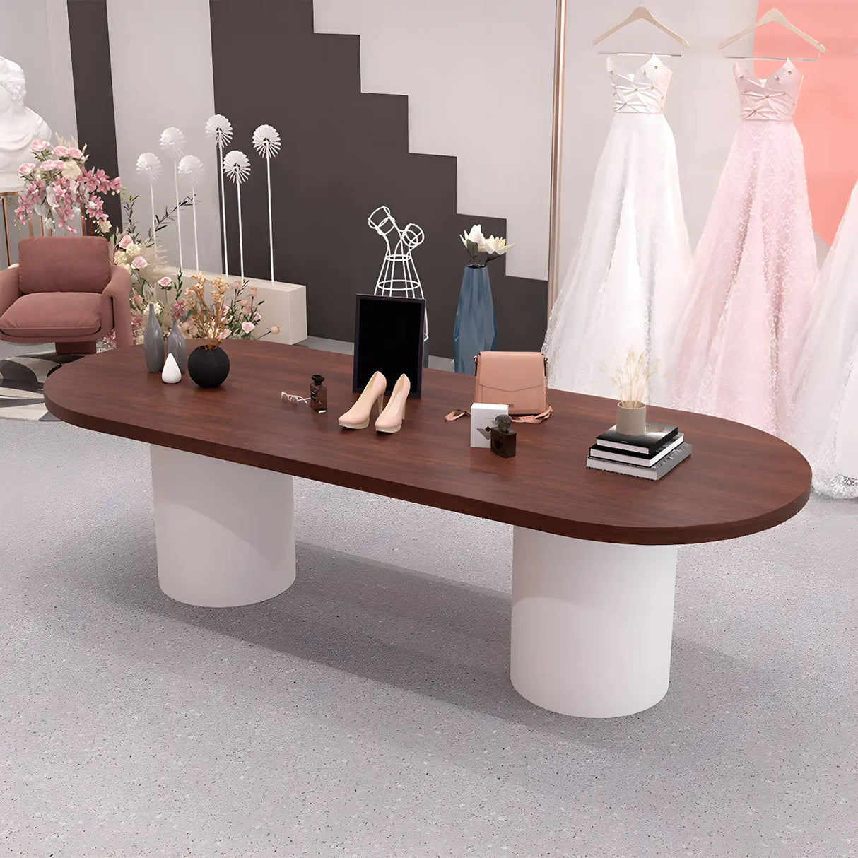 Oval Brown Wooden Top White Base Reception Desk Image - 2