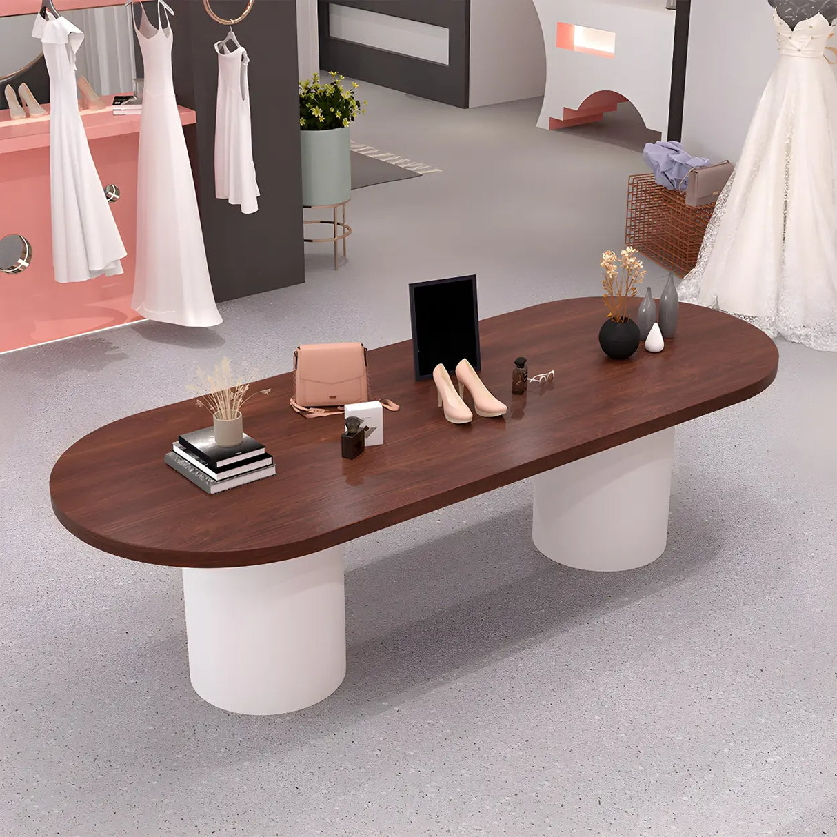 Oval Brown Wooden Top White Base Reception Desk Image - 3