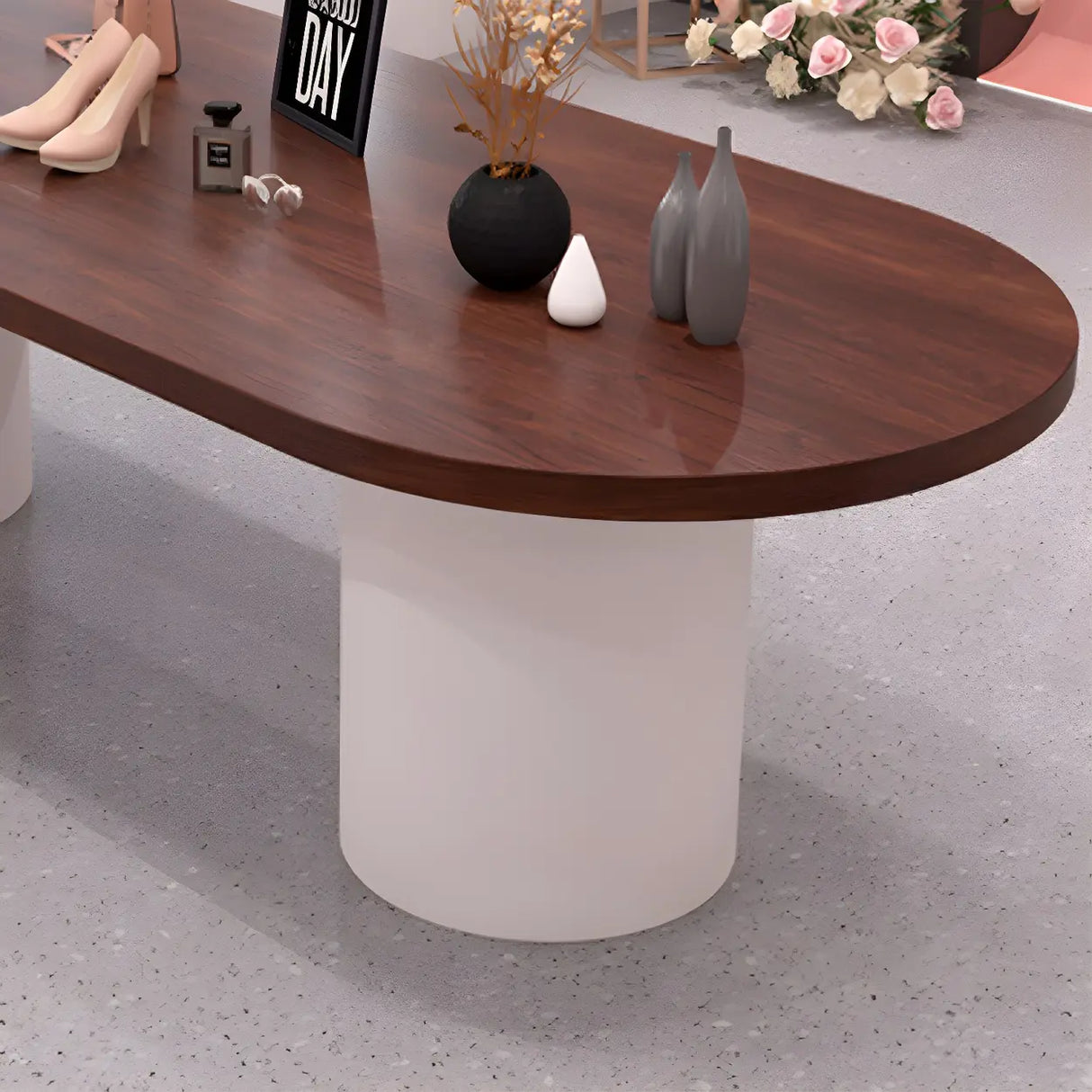 Oval Brown Wooden Top White Base Reception Desk Image - 4