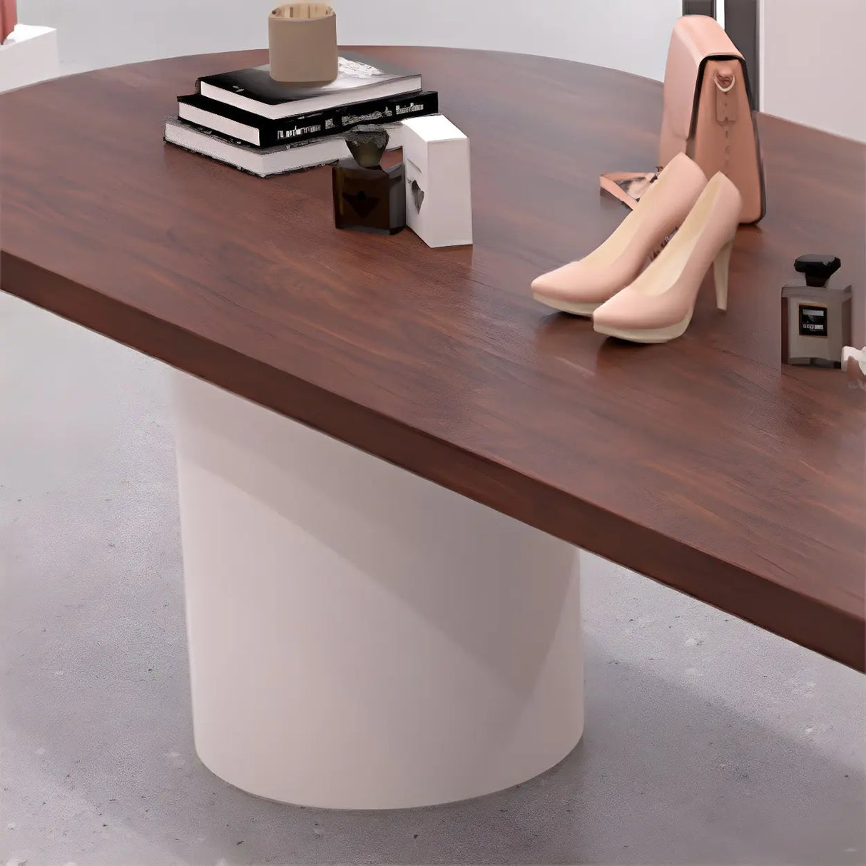Oval Brown Wooden Top White Base Reception Desk Image - 6