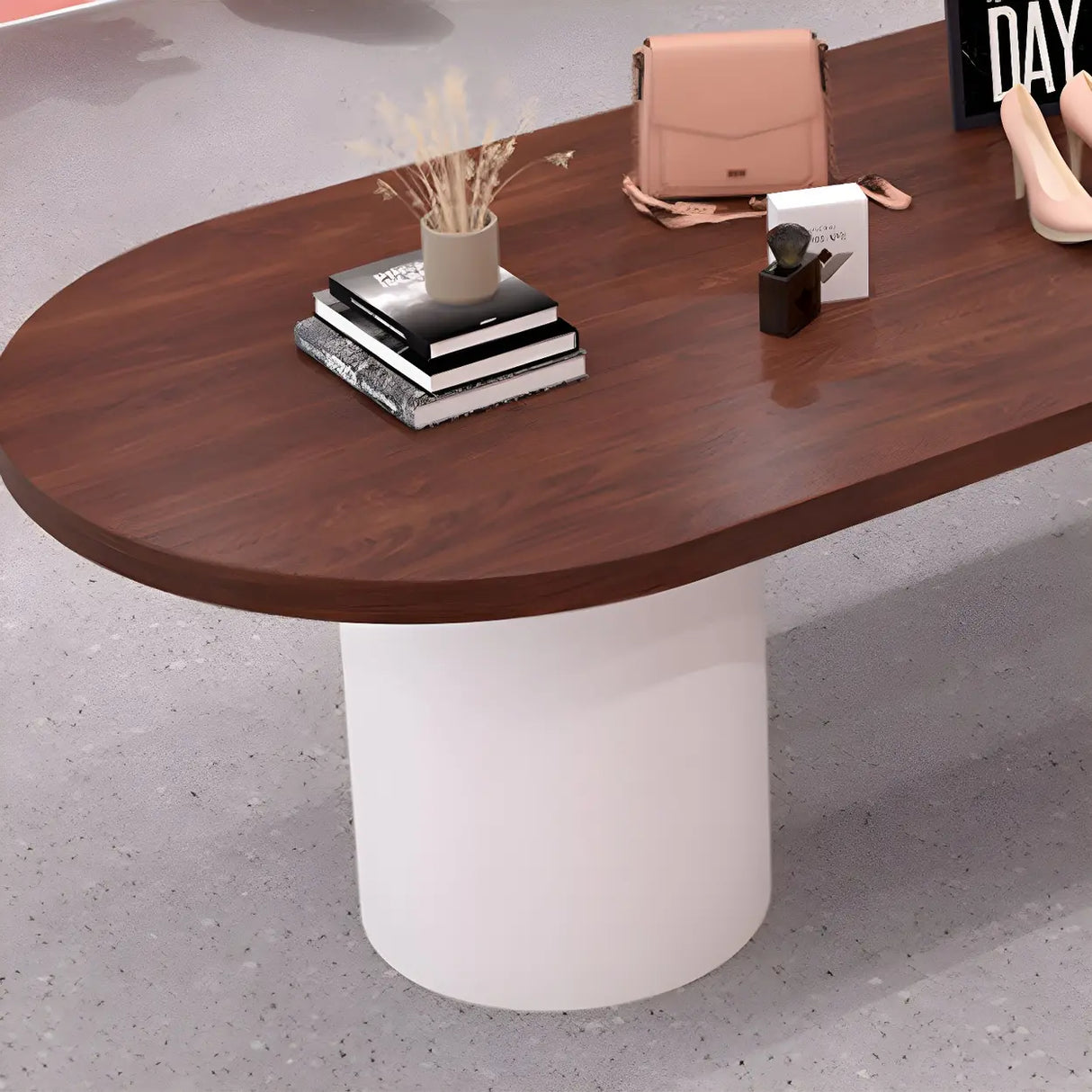 Oval Brown Wooden Top White Base Reception Desk Image - 7
