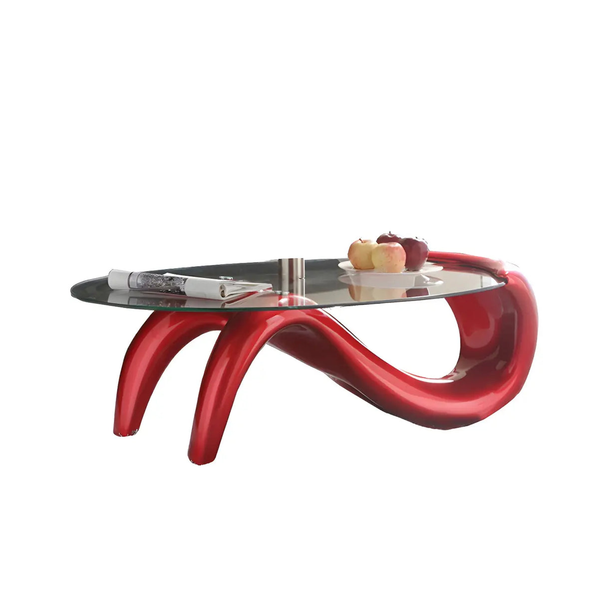 Oval Clear Glass Abstract Metal Base Coffee Table Image - 10