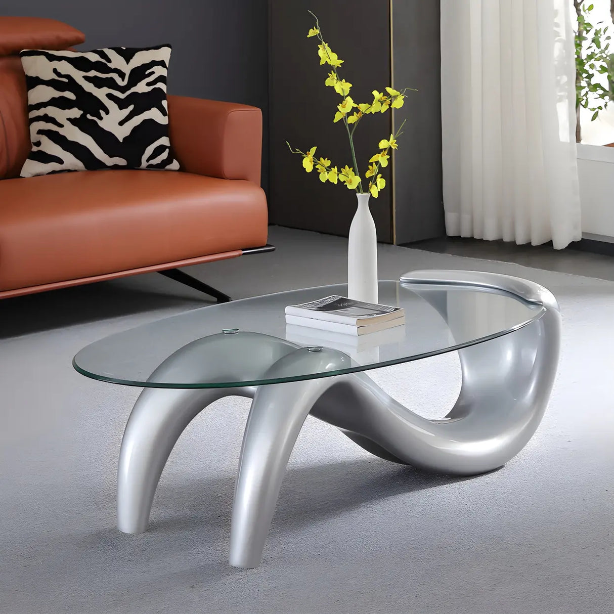 Oval Clear Glass Abstract Metal Base Coffee Table Image - 12