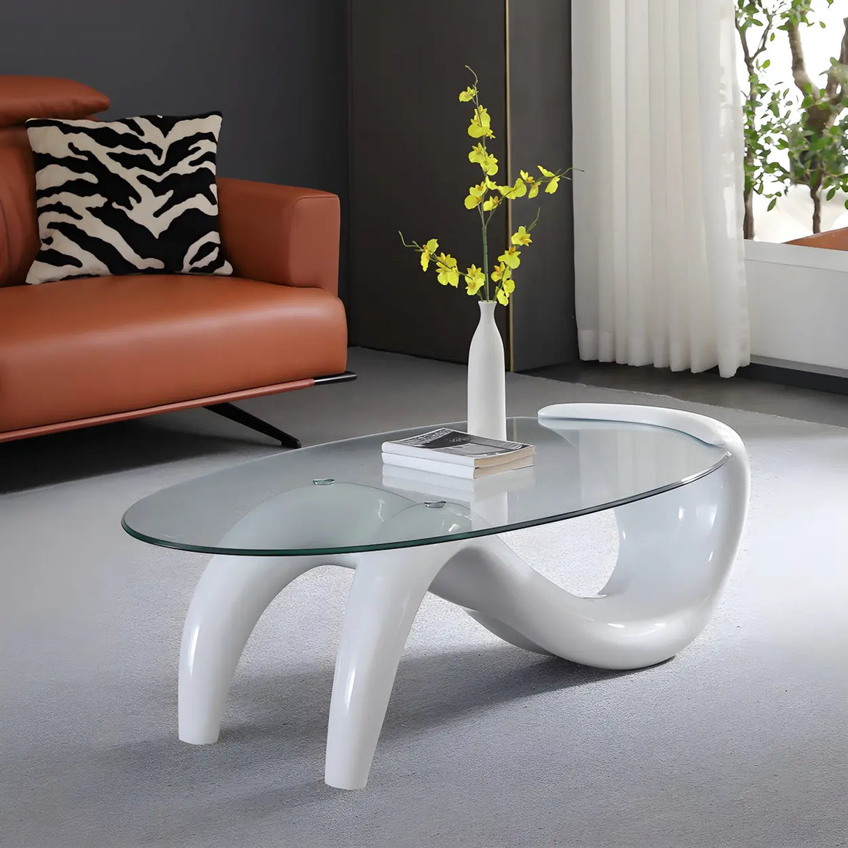 Oval Clear Glass Abstract Metal Base Coffee Table Image - 13