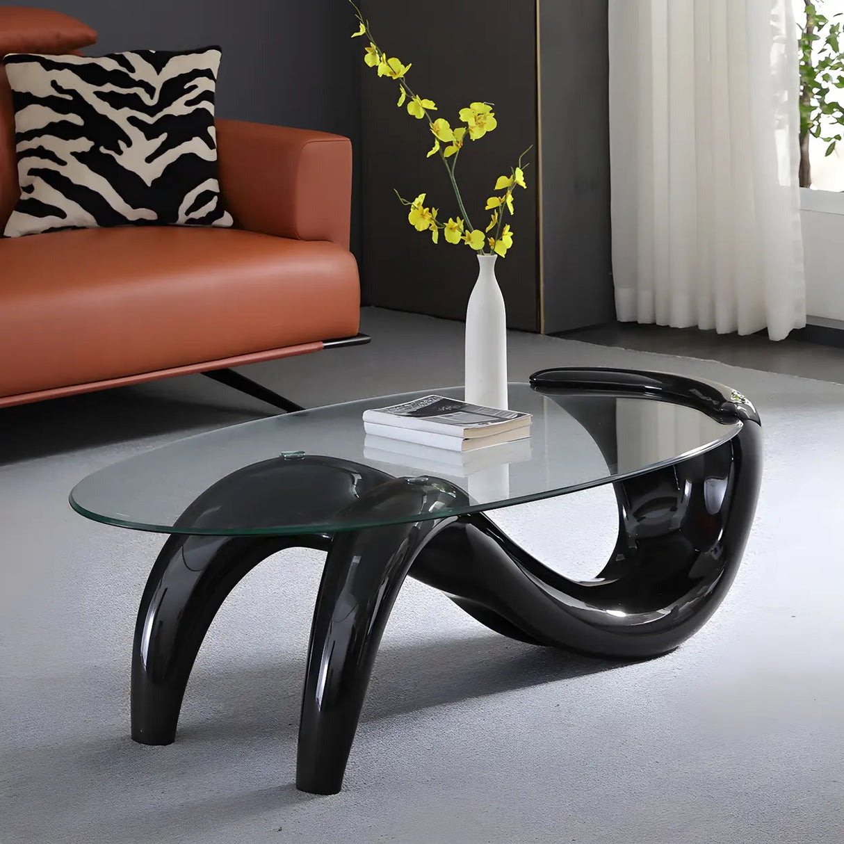 Oval Clear Glass Abstract Metal Base Coffee Table Image - 14