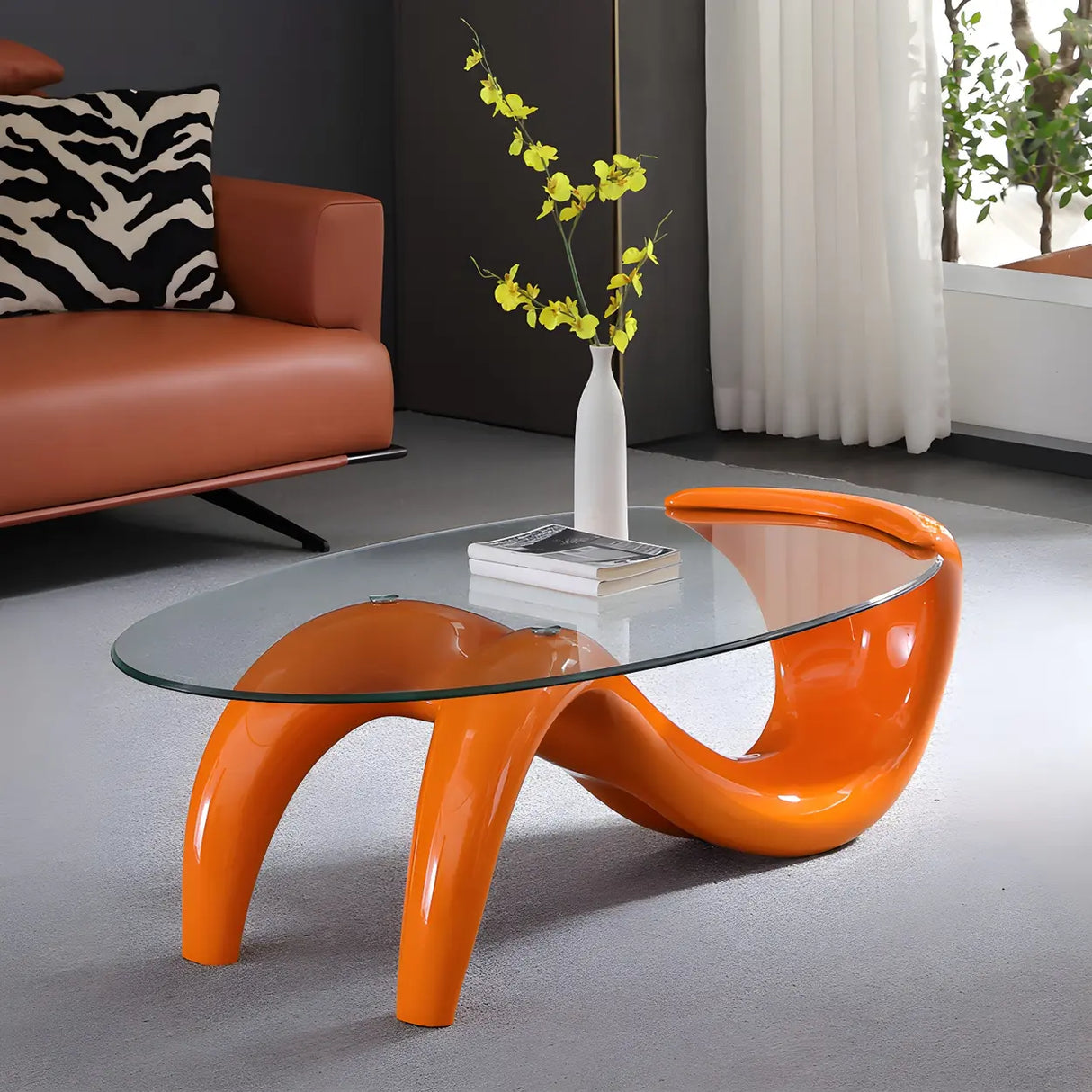 Oval Clear Glass Abstract Metal Base Coffee Table Image - 15