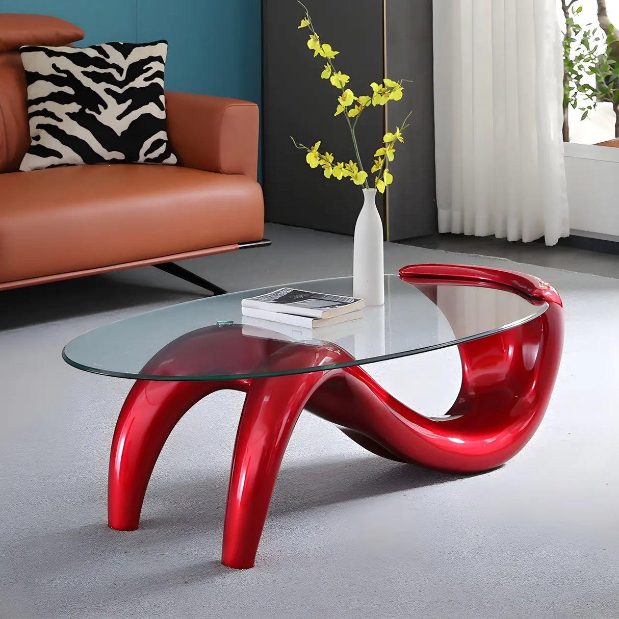 Oval Clear Glass Abstract Metal Base Coffee Table Image - 2