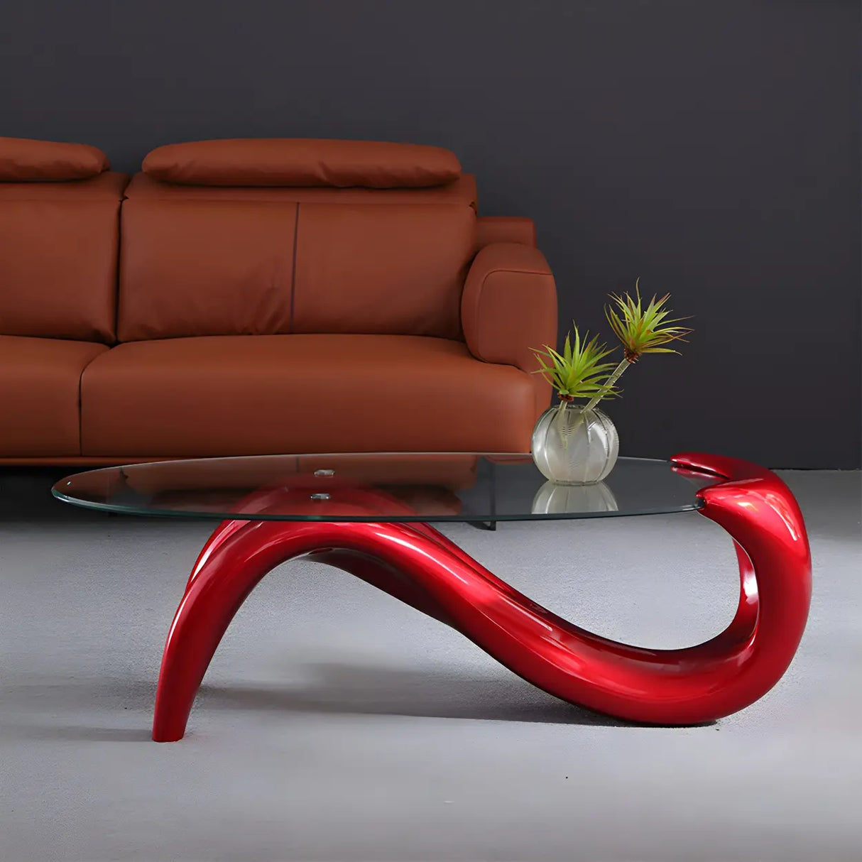 Oval Clear Glass Abstract Metal Base Coffee Table Image - 3