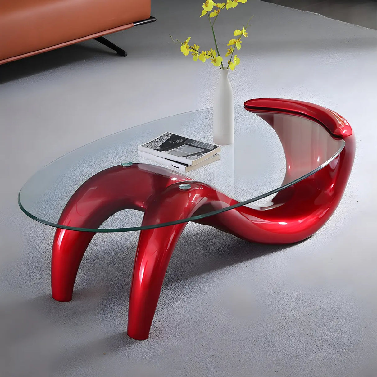 Oval Clear Glass Abstract Metal Base Coffee Table Image - 4