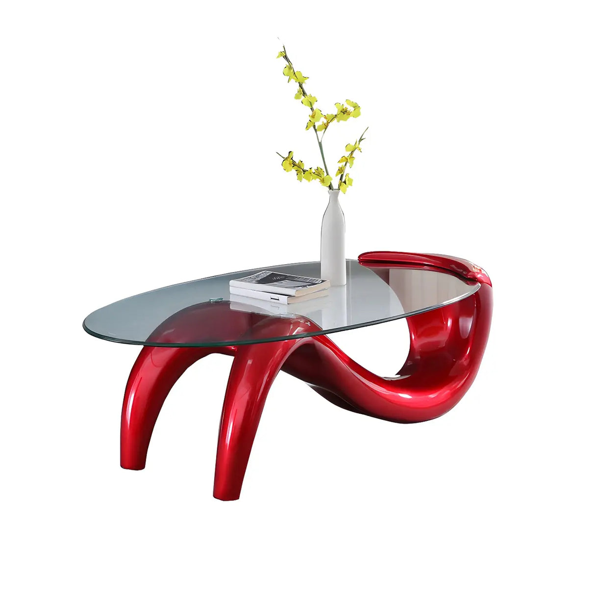 Oval Clear Glass Abstract Metal Base Coffee Table Image - 5