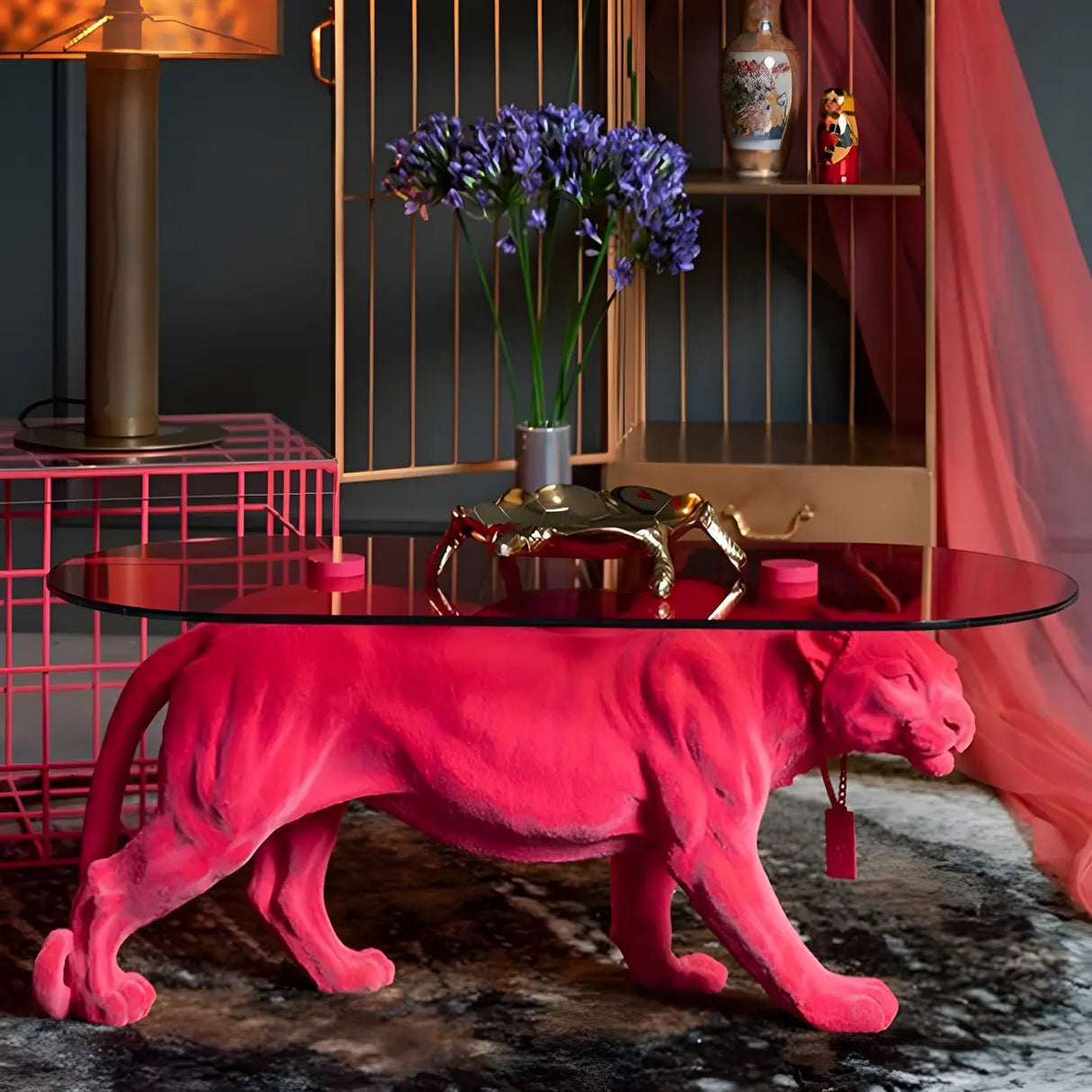 Oval Clear Glass Top Panther Base Abstract Coffee Table Image - 1