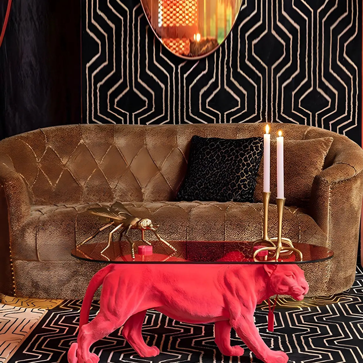 Oval Clear Glass Top Panther Base Abstract Coffee Table Image - 2