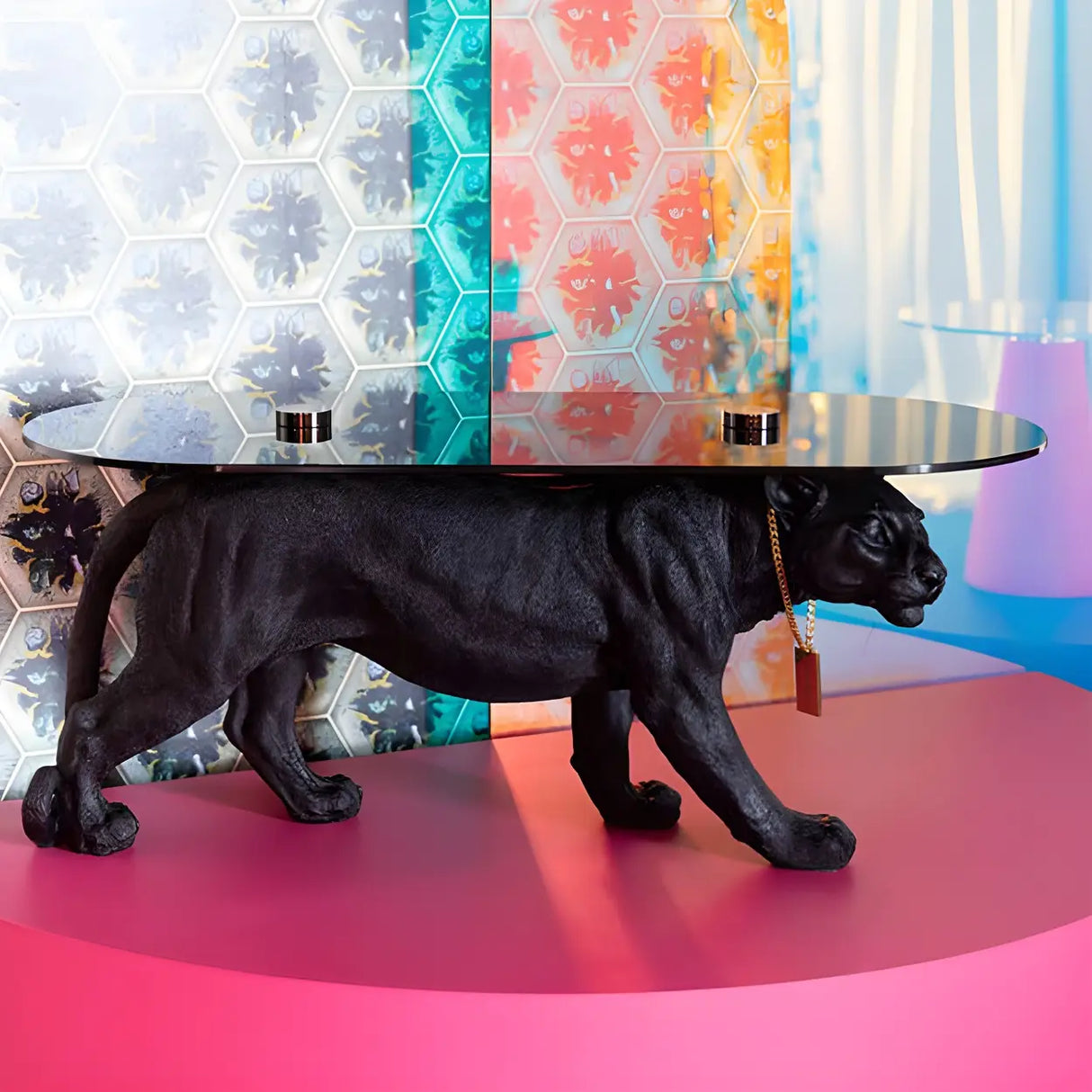 Oval Clear Glass Top Panther Base Abstract Coffee Table Image - 3