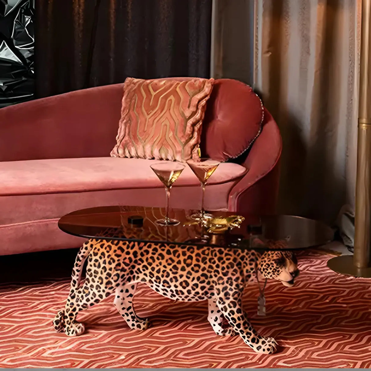 Oval Clear Glass Top Panther Base Abstract Coffee Table Image - 4