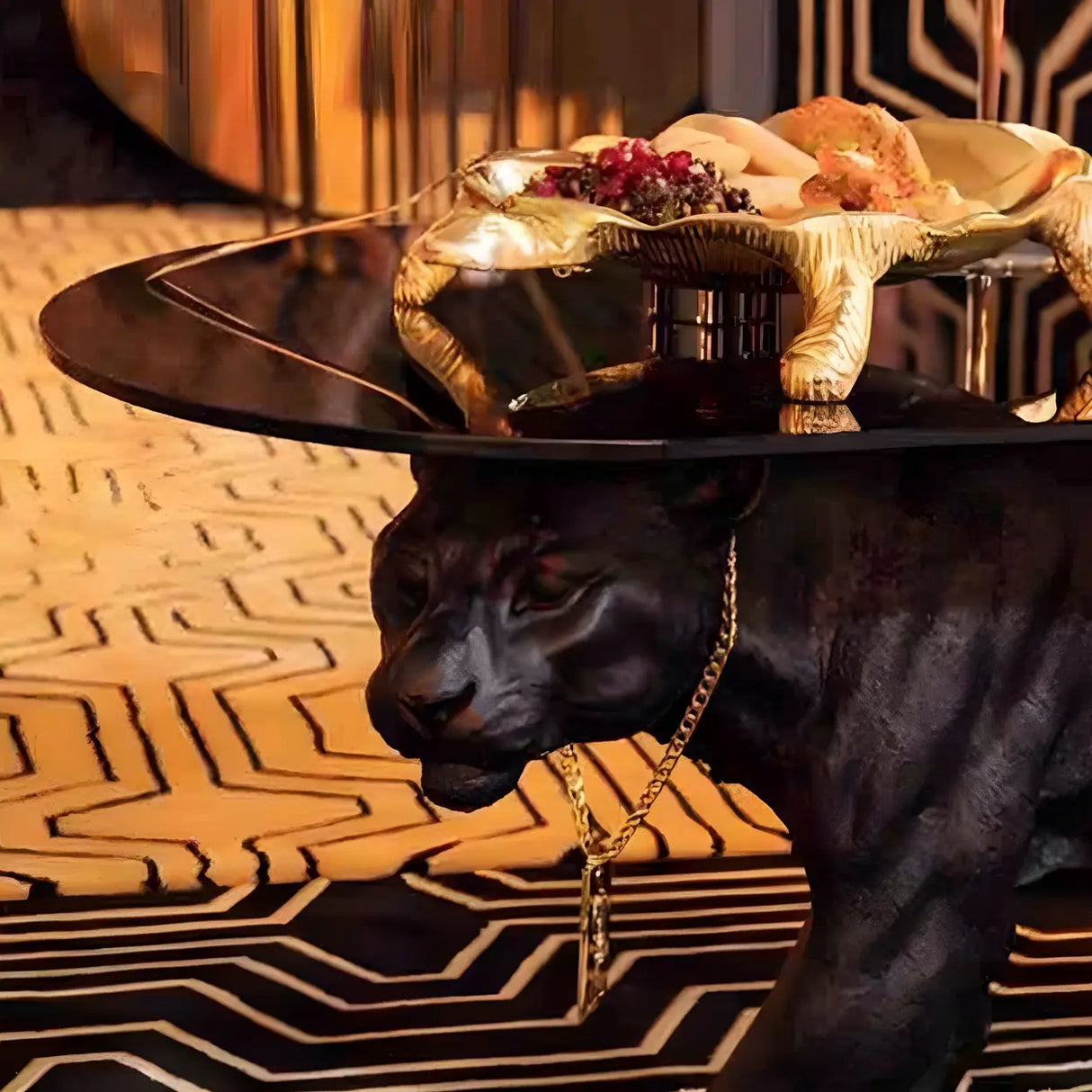 Oval Clear Glass Top Panther Base Abstract Coffee Table Image - 6