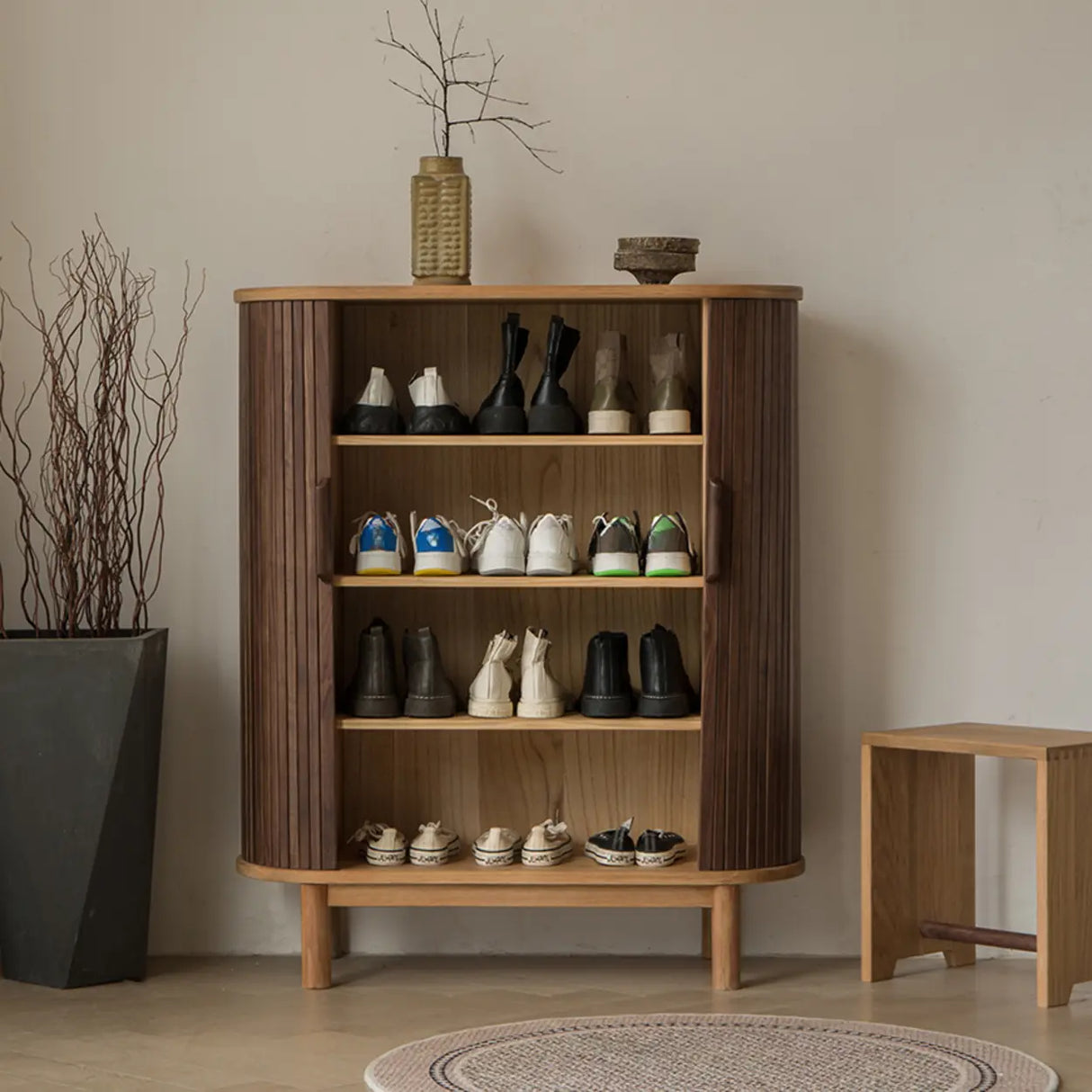 Oval Closed Back Wood Entryway Brown Large Shoe Cabinet Image - 3