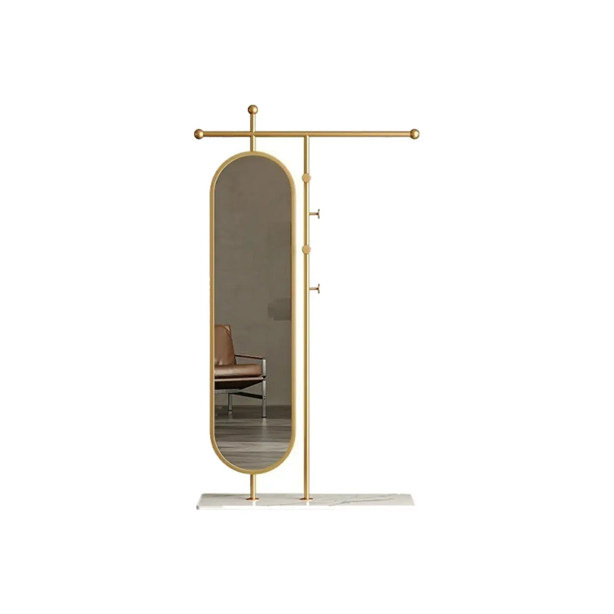 Oval Metal Gold Mirror Entryway Coat Rack with Hooks Image - 10