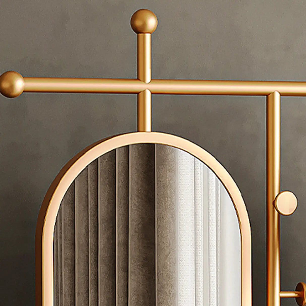 Oval Metal Gold Mirror Entryway Coat Rack with Hooks Image - 12