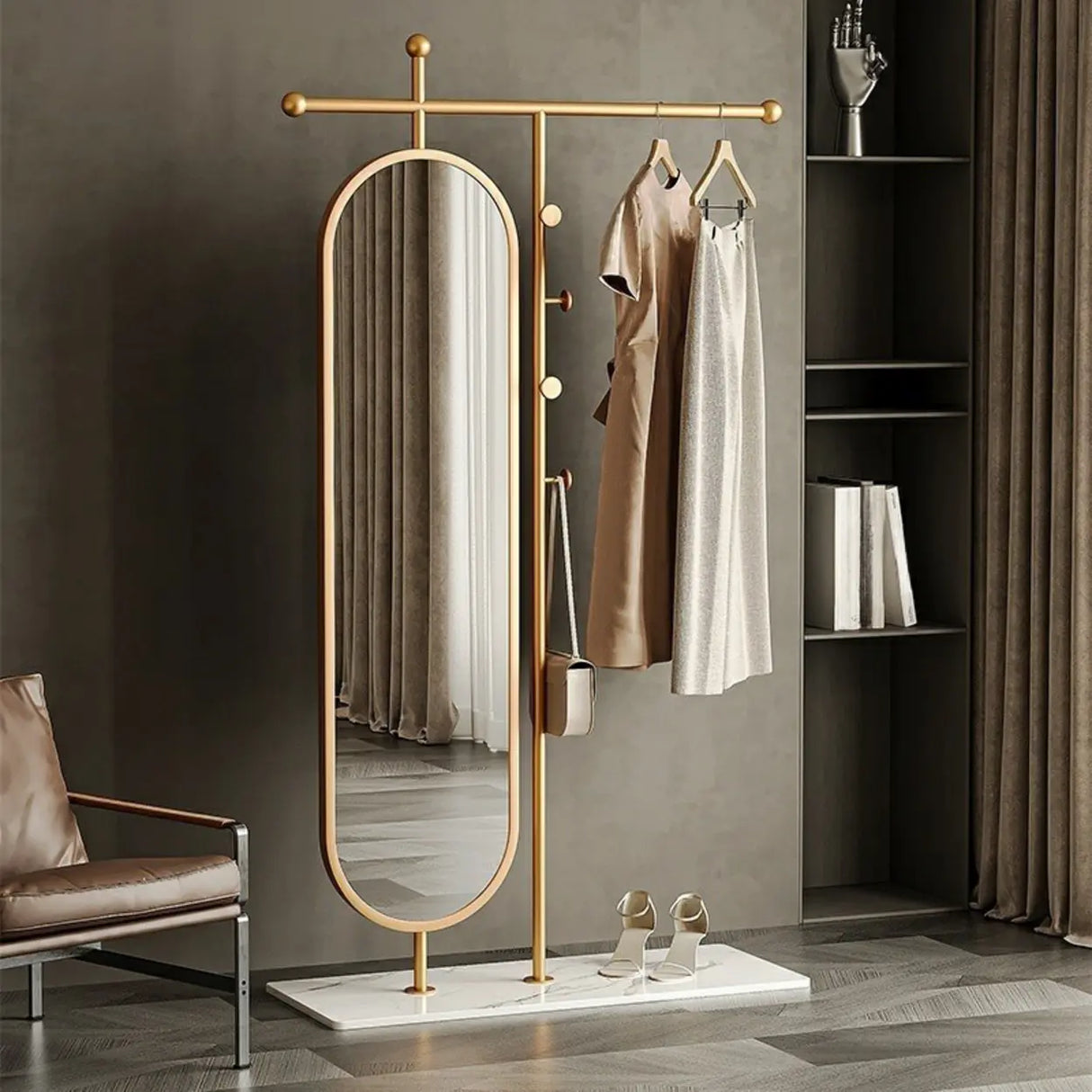 Oval Metal Gold Mirror Entryway Coat Rack with Hooks Image - 1
