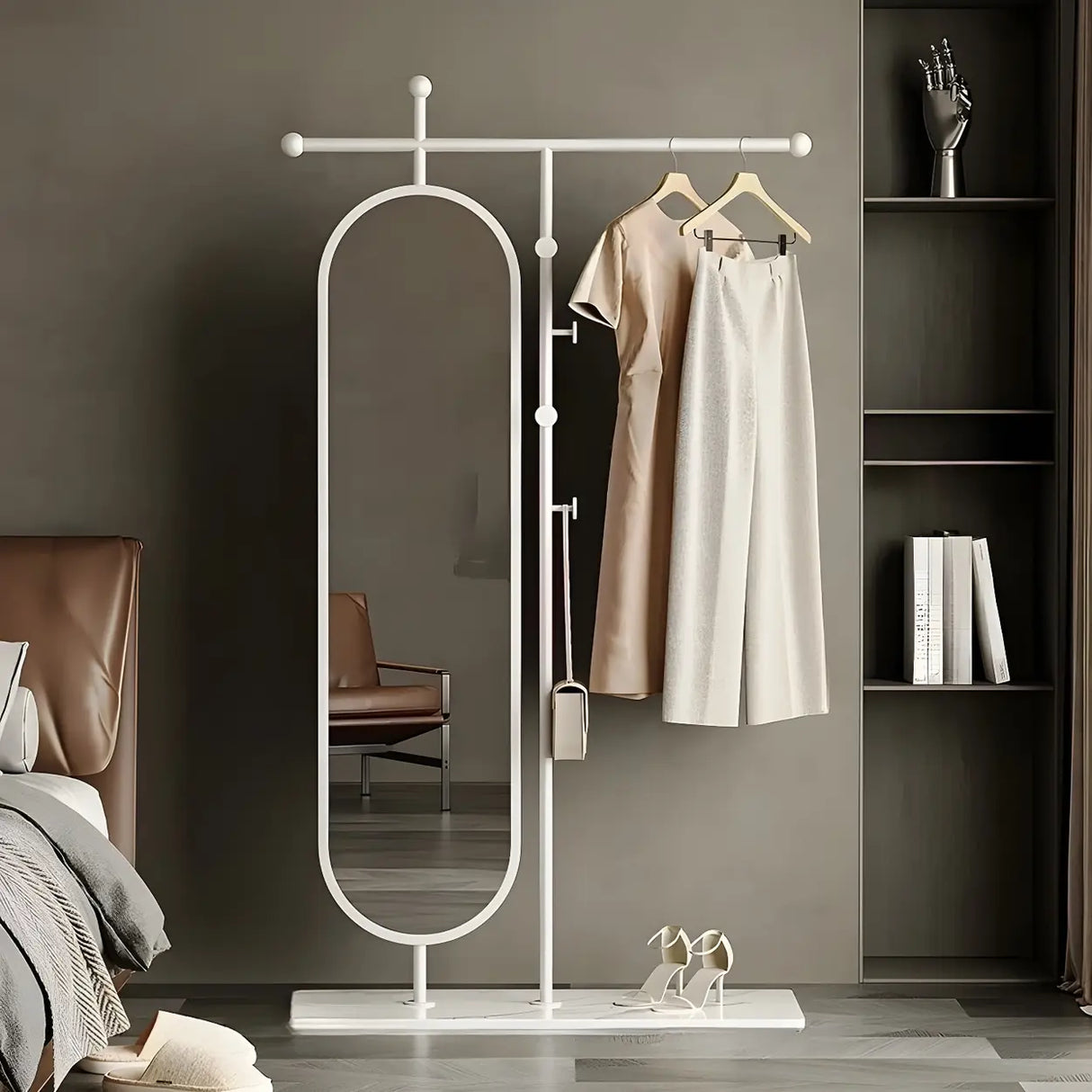 Oval Metal Gold Mirror Entryway Coat Rack with Hooks Image - 2