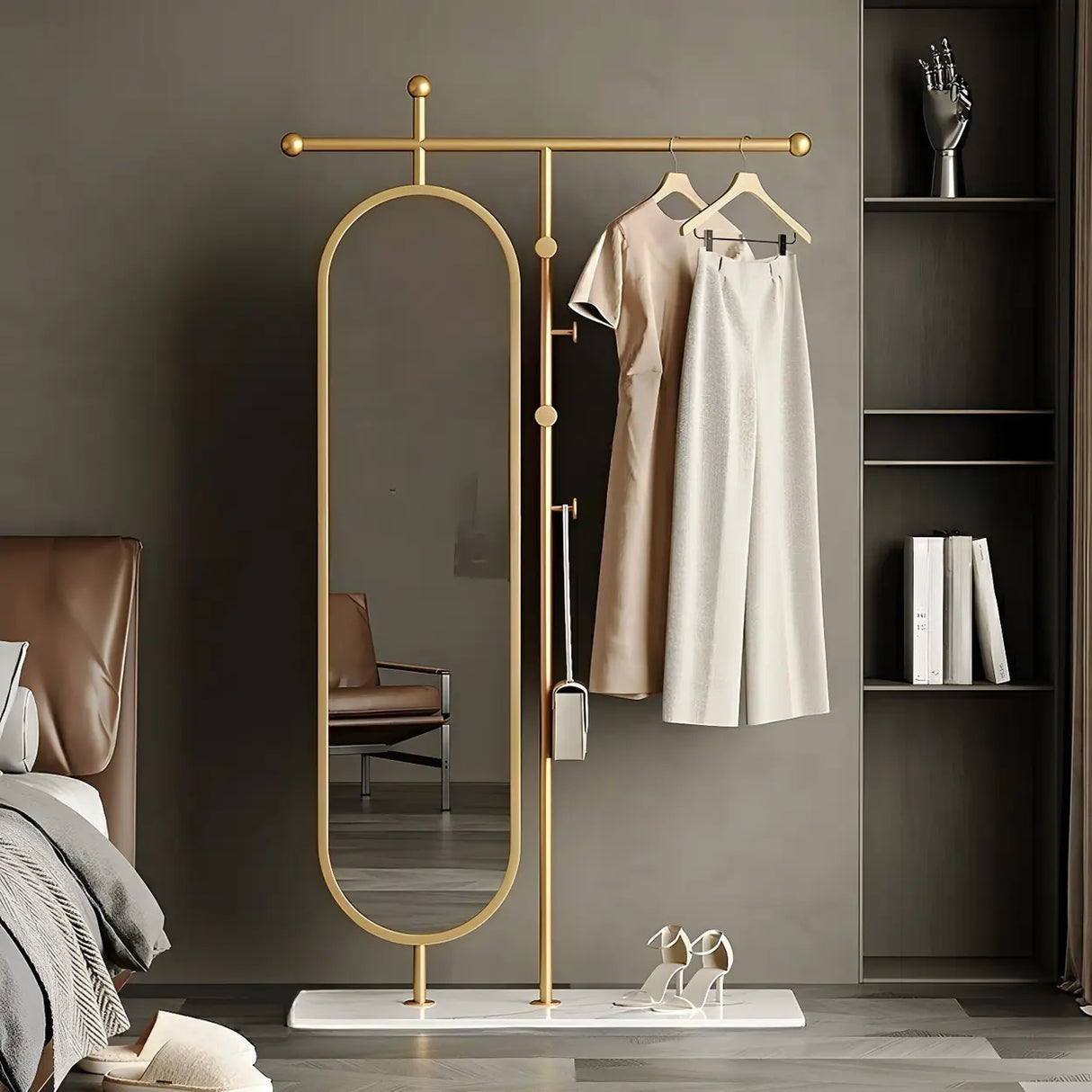 Oval Metal Gold Mirror Entryway Coat Rack with Hooks Image - 3