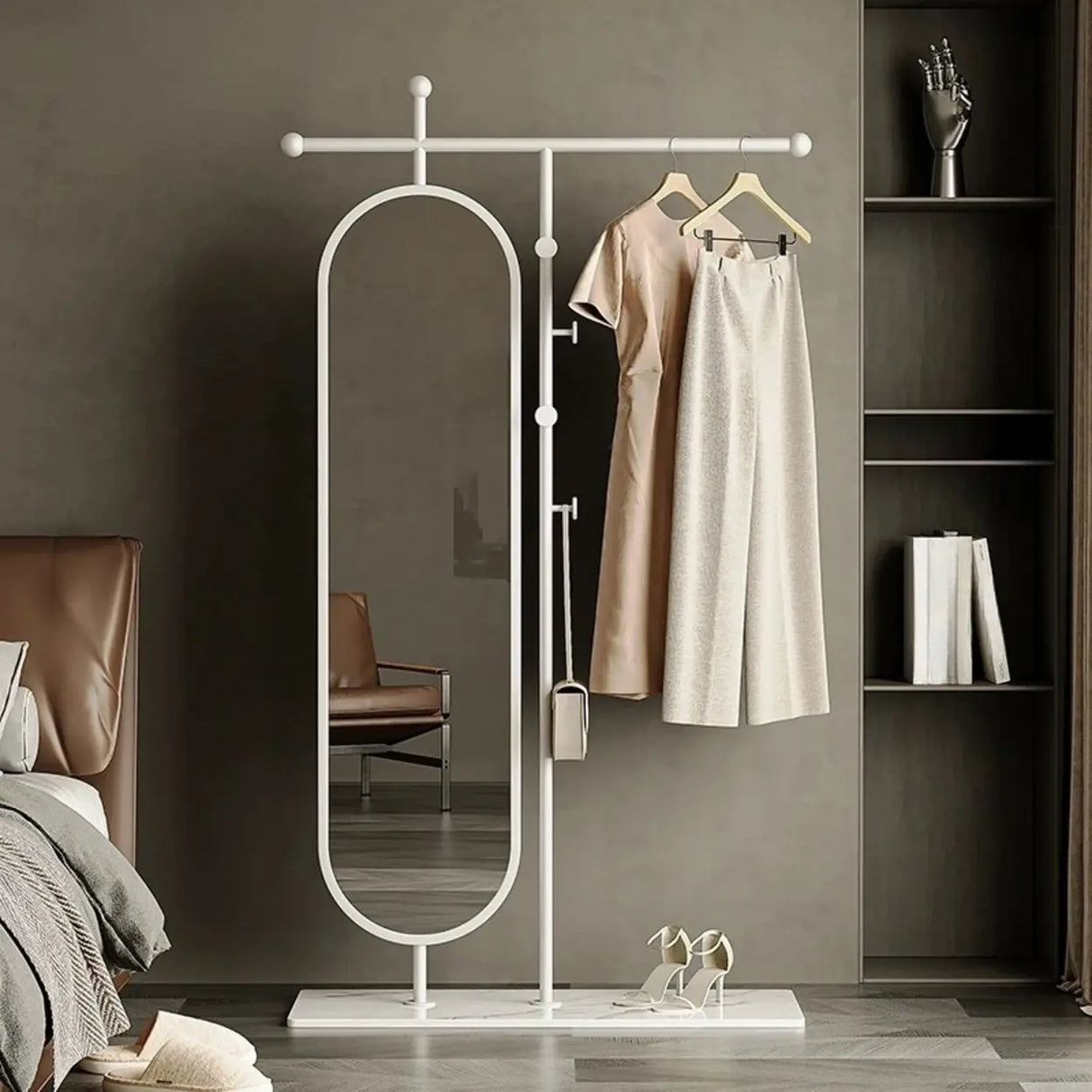 Oval Metal Gold Mirror Entryway Coat Rack with Hooks Image - 4
