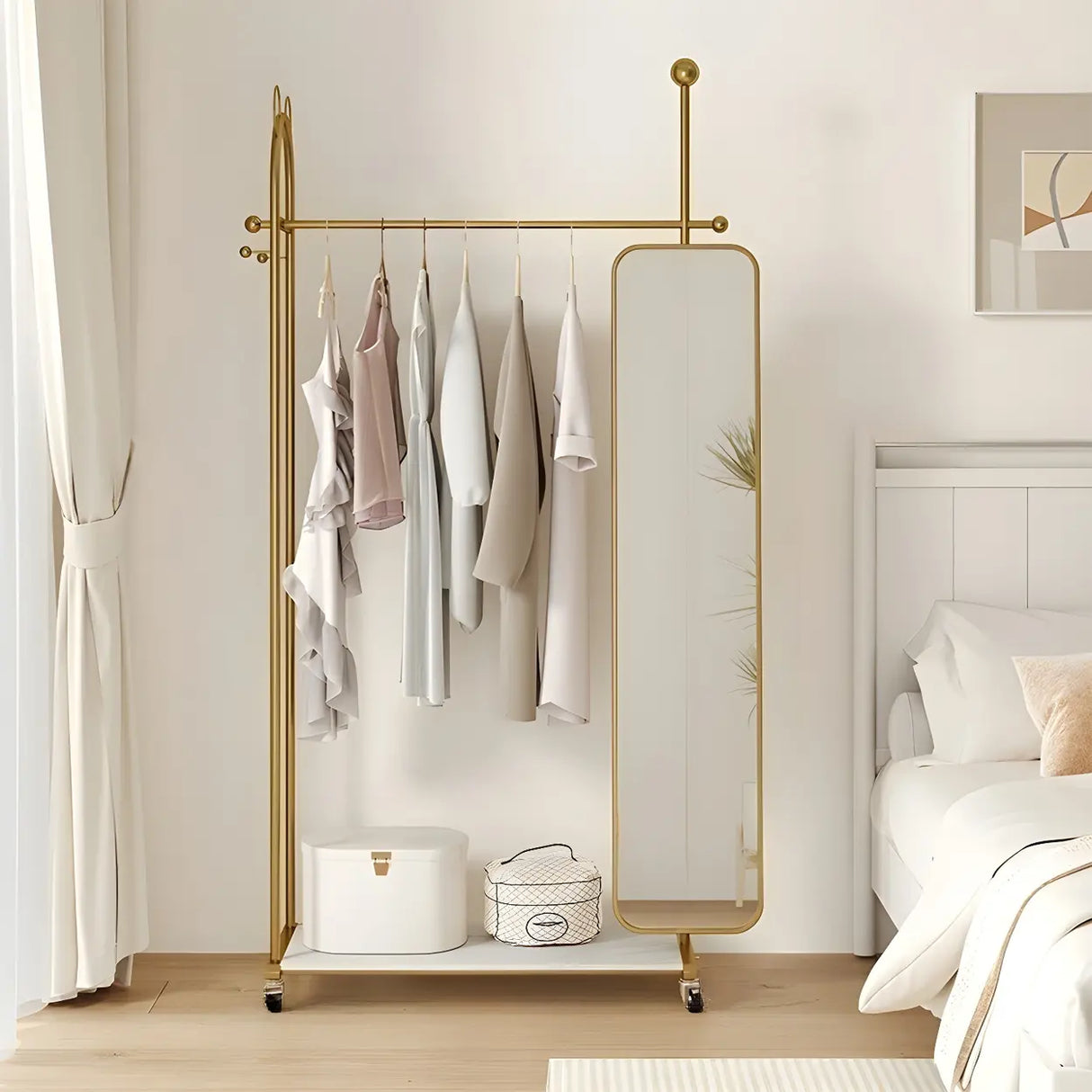 Oval Metal Gold Mirror Entryway Coat Rack with Hooks Image - 7