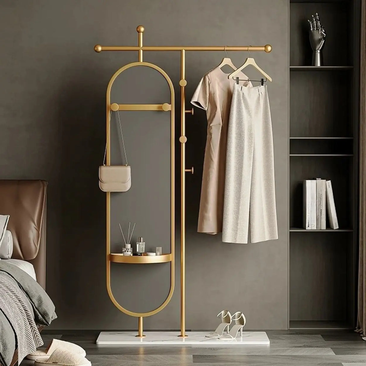 Oval Metal Gold Mirror Entryway Coat Rack with Hooks Image - 8