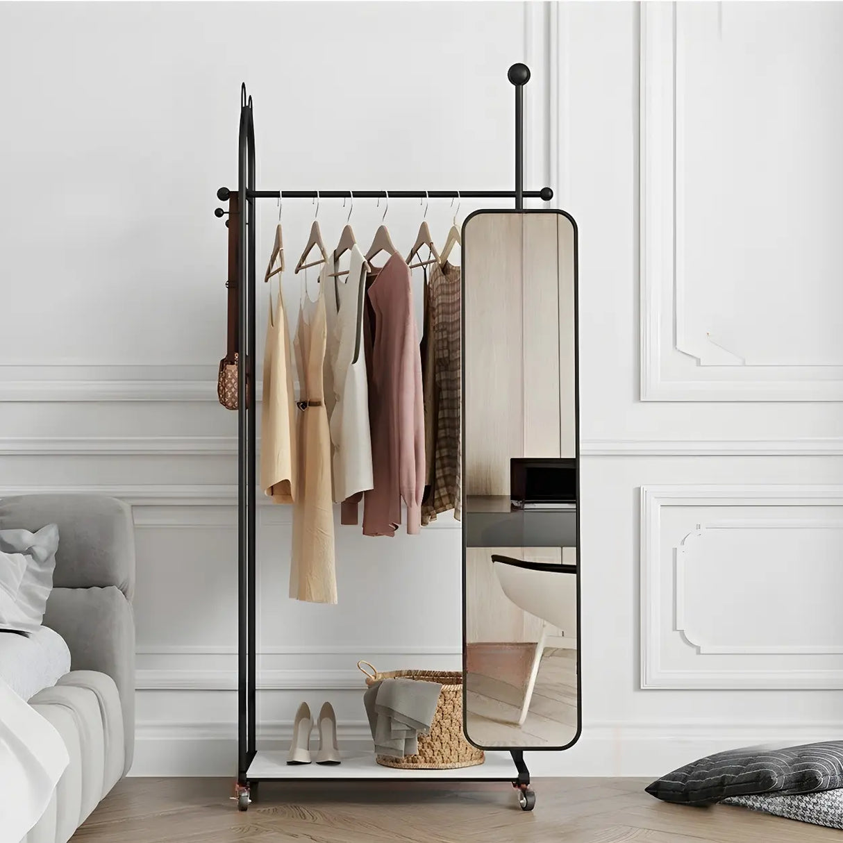 Oval Metal Gold Mirror Entryway Coat Rack with Hooks Image - 9