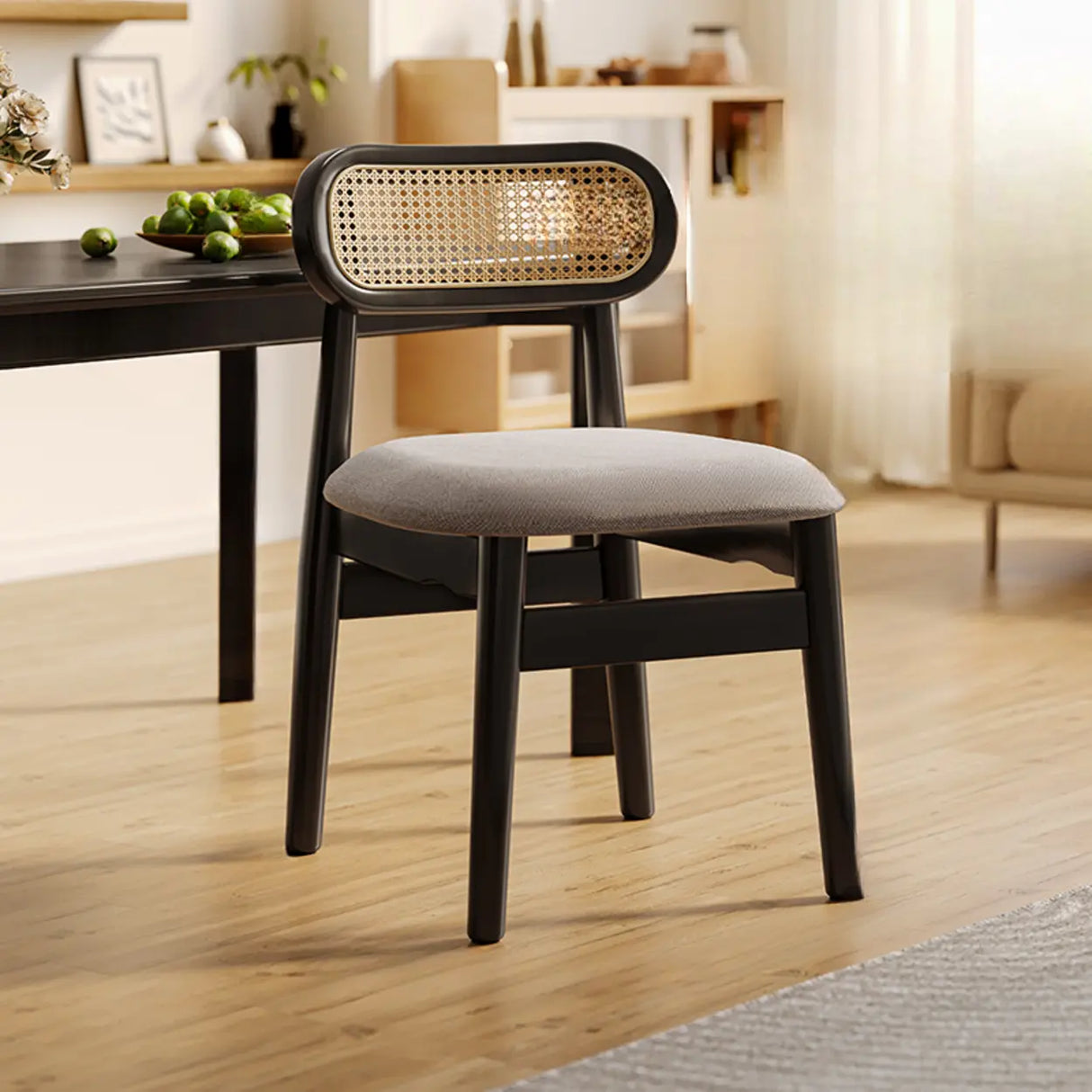 Oval Open Cane Back Wood Frame Dining Chairs Black Image - 11