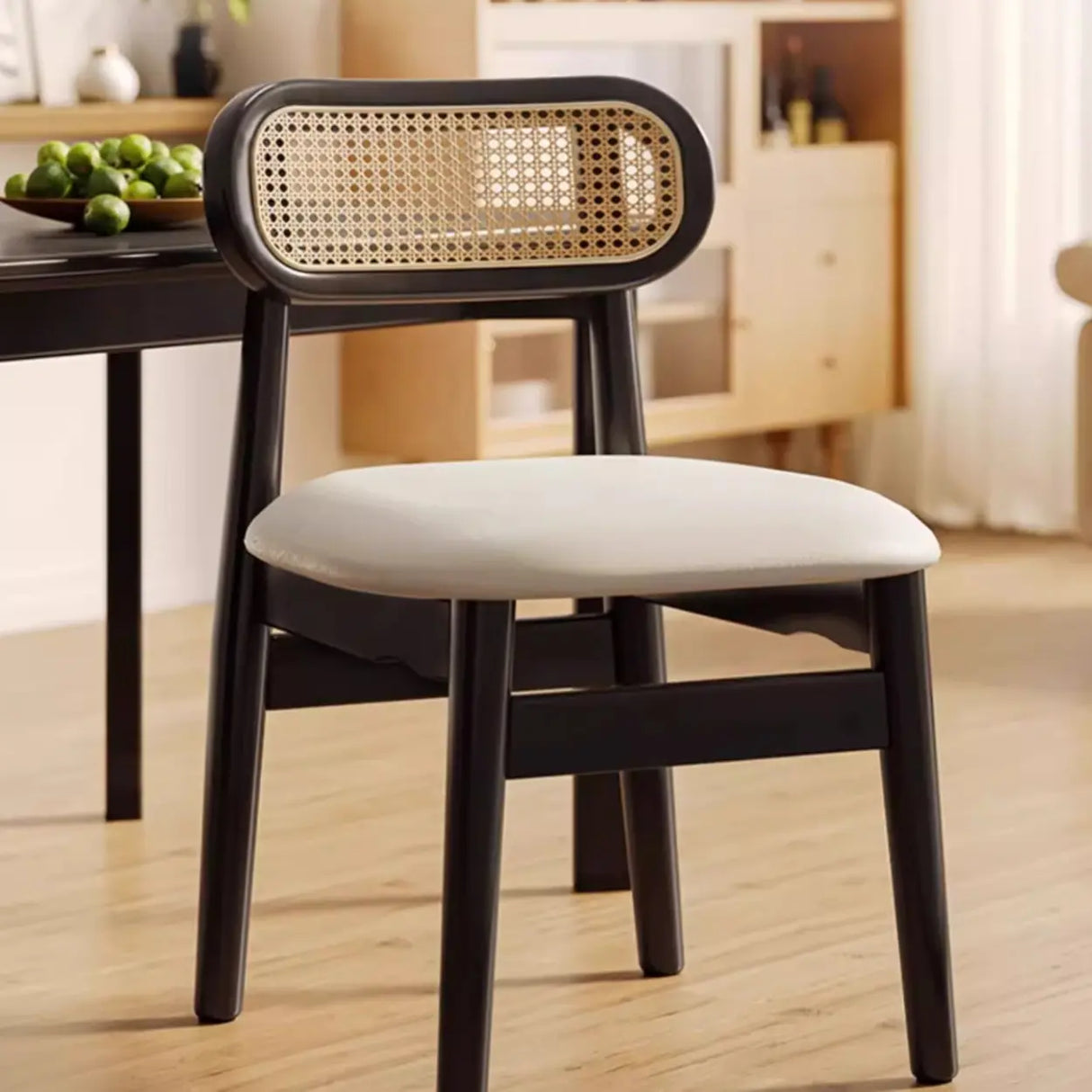 Oval Open Cane Back Wood Frame Dining Chairs Black Image - 1