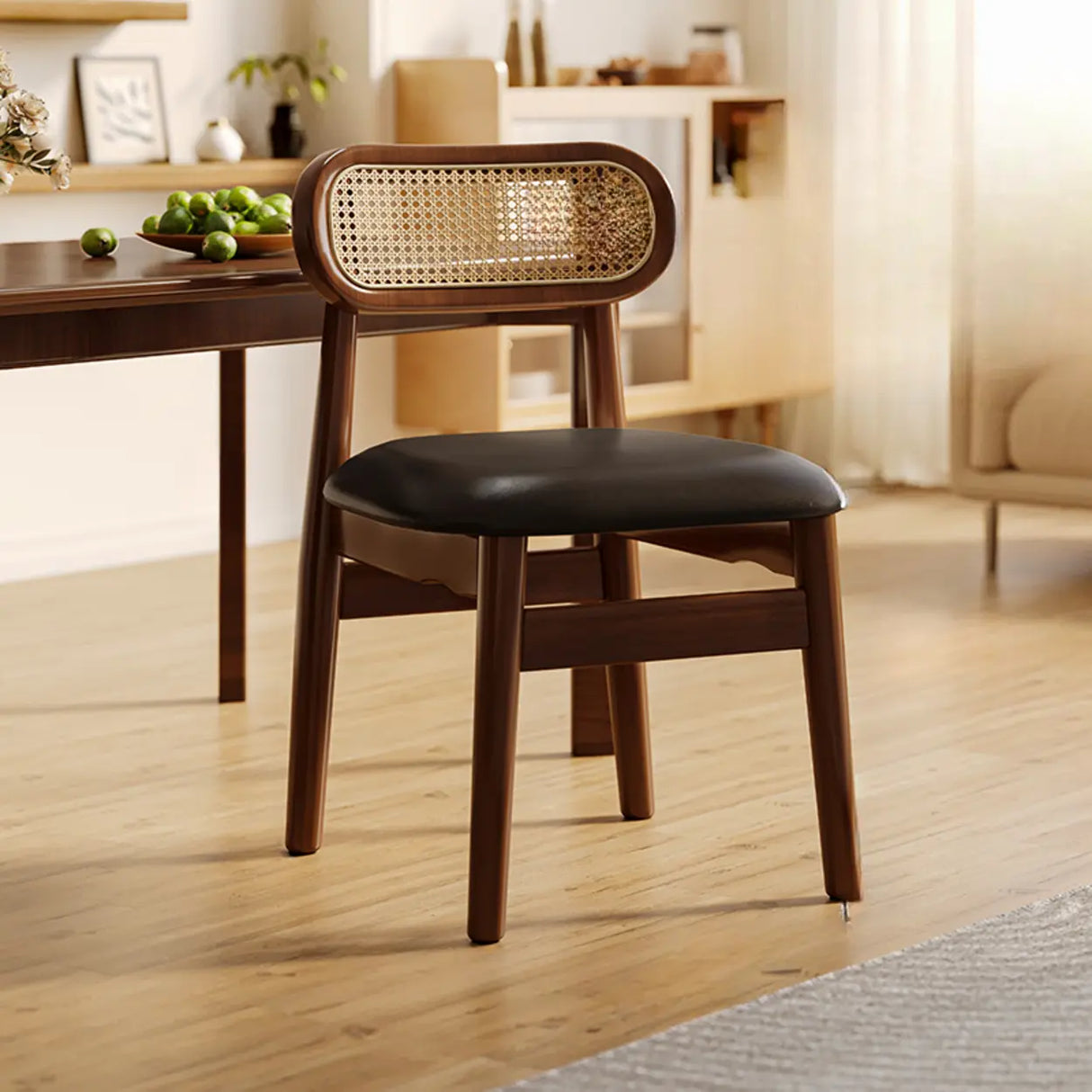 Oval Open Cane Back Wood Frame Dining Chairs Black Image - 4